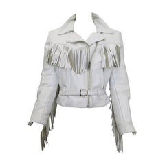 Vintage 1980s White Leather Fringe Motorcycle Jacket