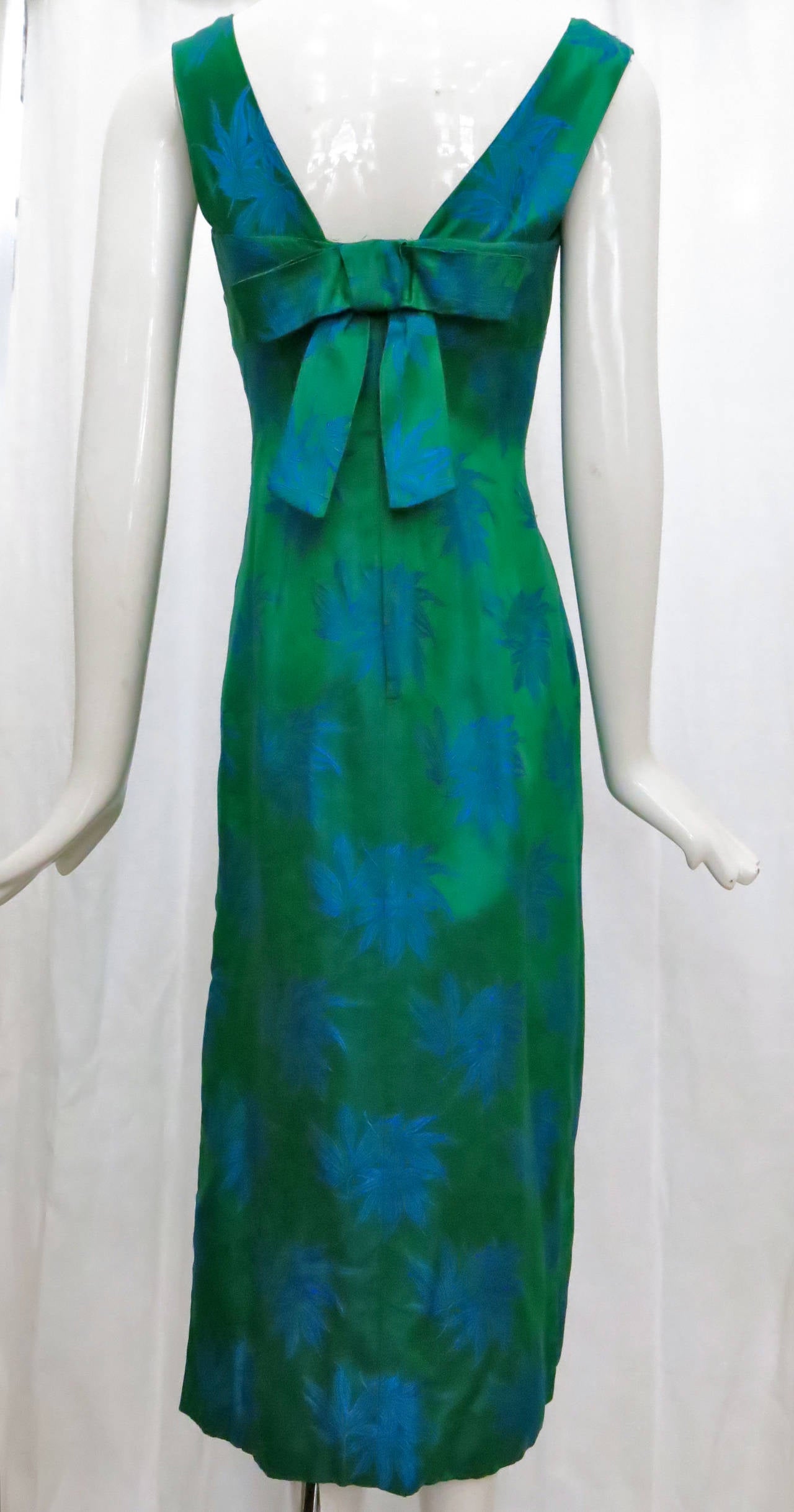 Blue 1960s Estevez Emerald Green Embroidered Silk Brocade Gown For Sale