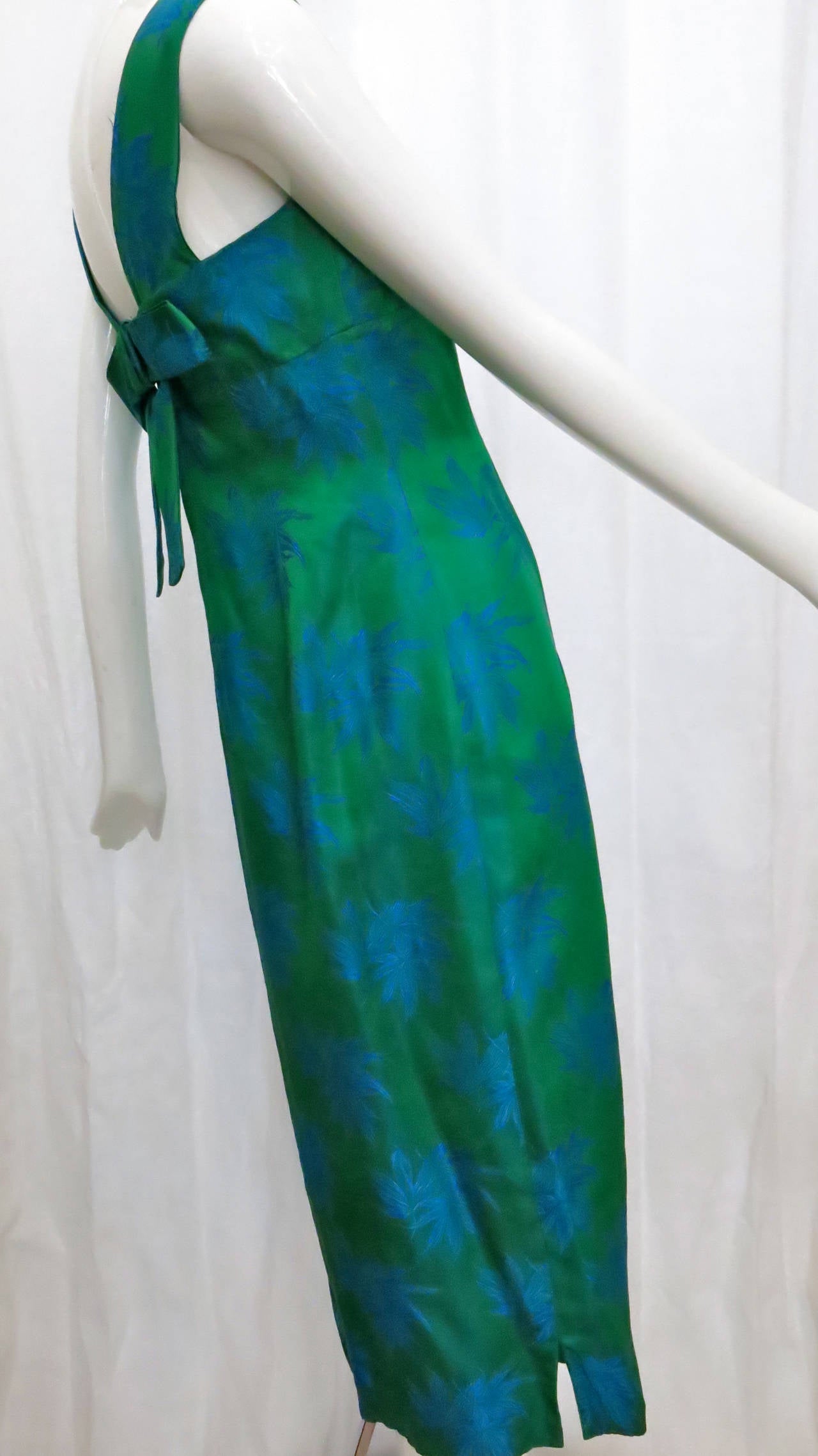1960s Estevez Emerald Green Embroidered Silk Brocade Gown
