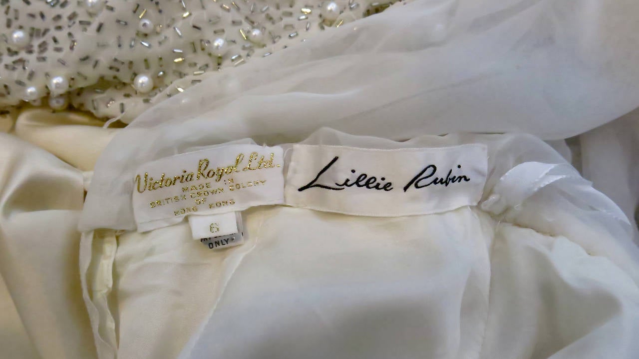 1970s Lillie Rubin Silver Bodice Satin Wedding Dress with Pearls In Good Condition For Sale In Brooklyn, NY