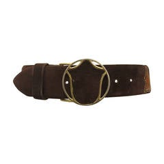 Vintage 1970s Vera Brown Suede Belt with Gold Buckle and Blossom Motif