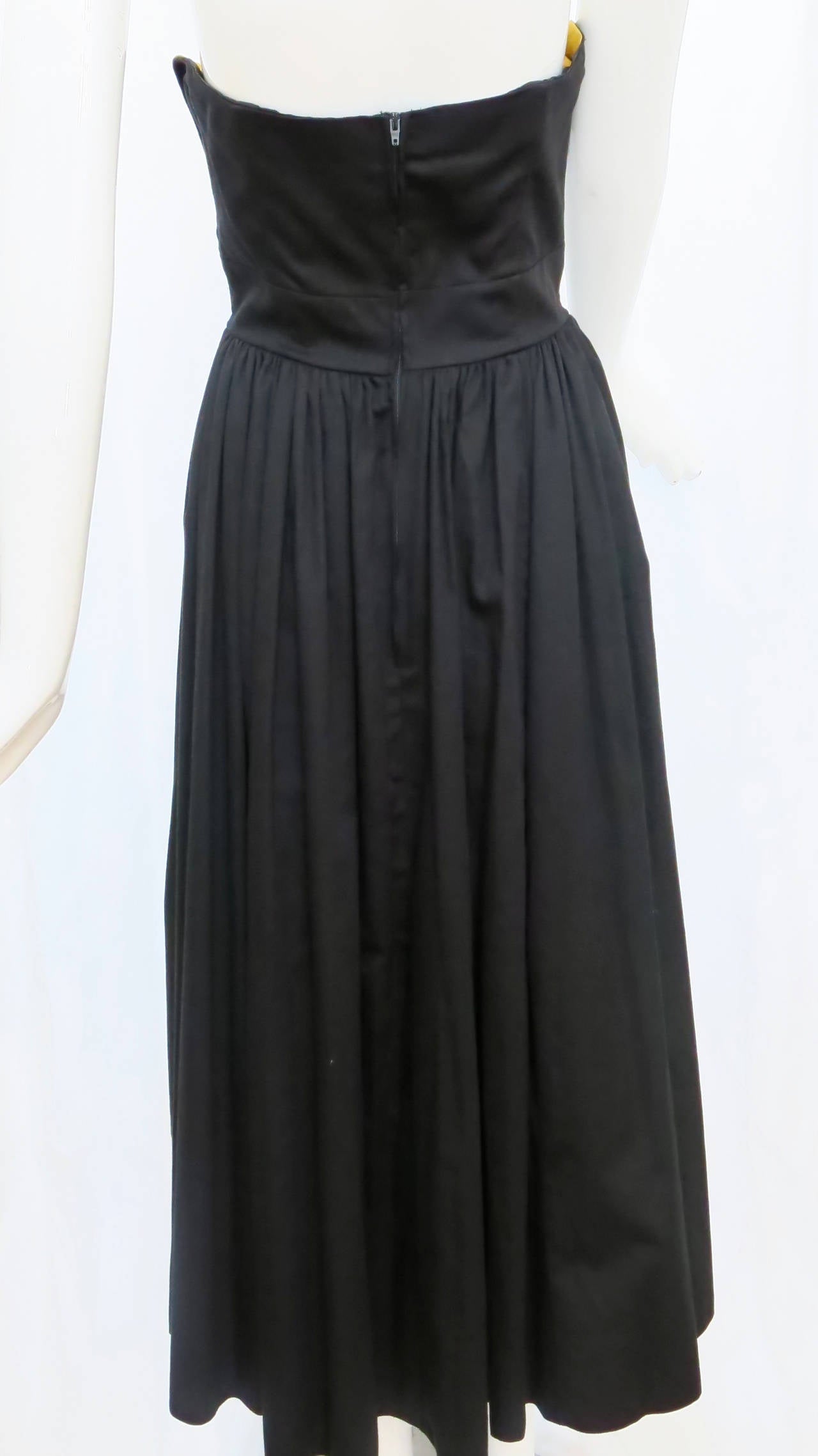 1980s Laura Ashley Black Cotton Full Length Strapless Dress with Marigold Bust In Excellent Condition In Brooklyn, NY