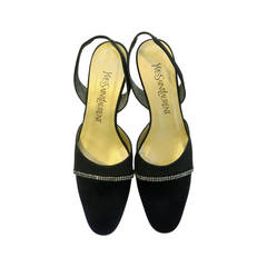 1990s Yves Saint Laurent Black Satin Slingback Pumps with Rhinestone Detail 11
