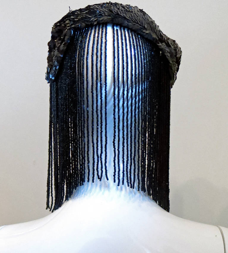 Gray 1950s Black Sequin Headdress With Jet Black Bead Fringe For Sale