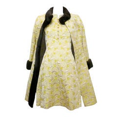 1960s Yellow and Gold Damask Dress and Coat Ensemble with Mink Trim