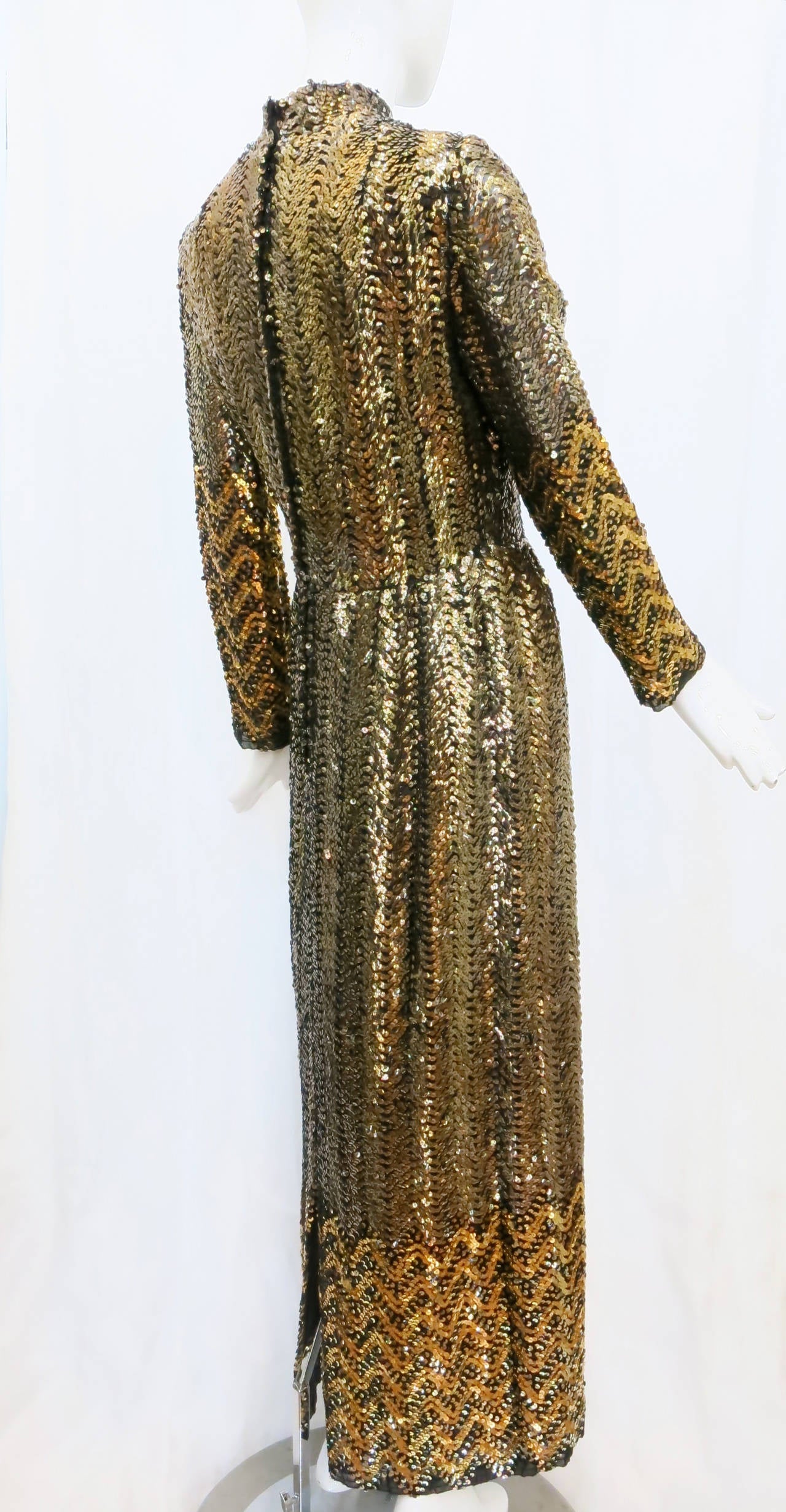 1970s Giorgio of Beverly Hills Full Length Bronze Sequin Gown In Excellent Condition In Brooklyn, NY