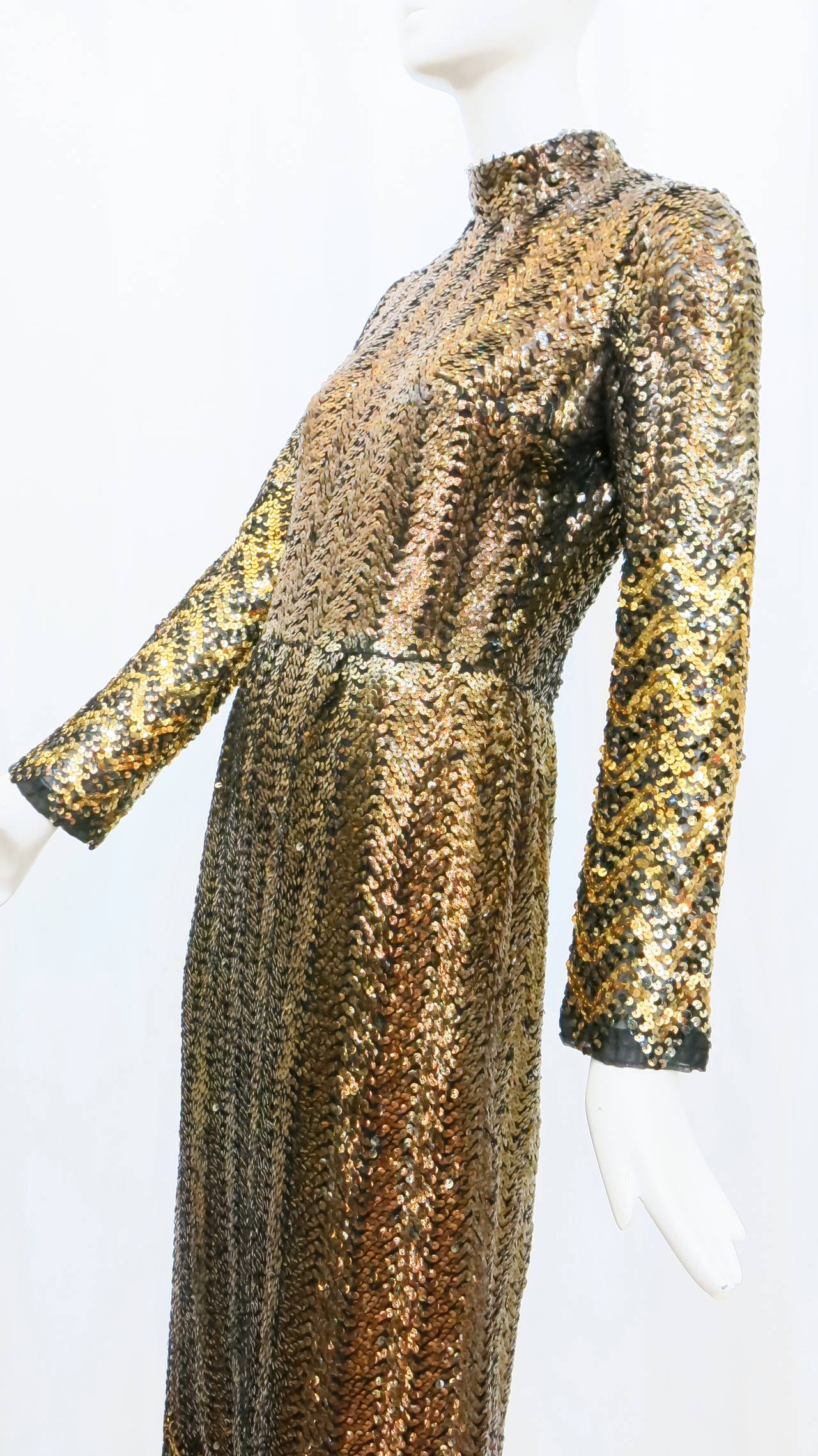 1970s Giorgio of Beverly Hills Full Length Bronze Sequin Gown 2