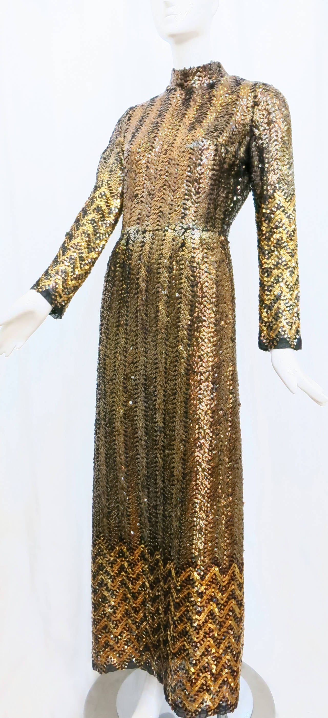 1970s Giorgio of Beverly Hills Full Length Bronze Sequin Gown 3