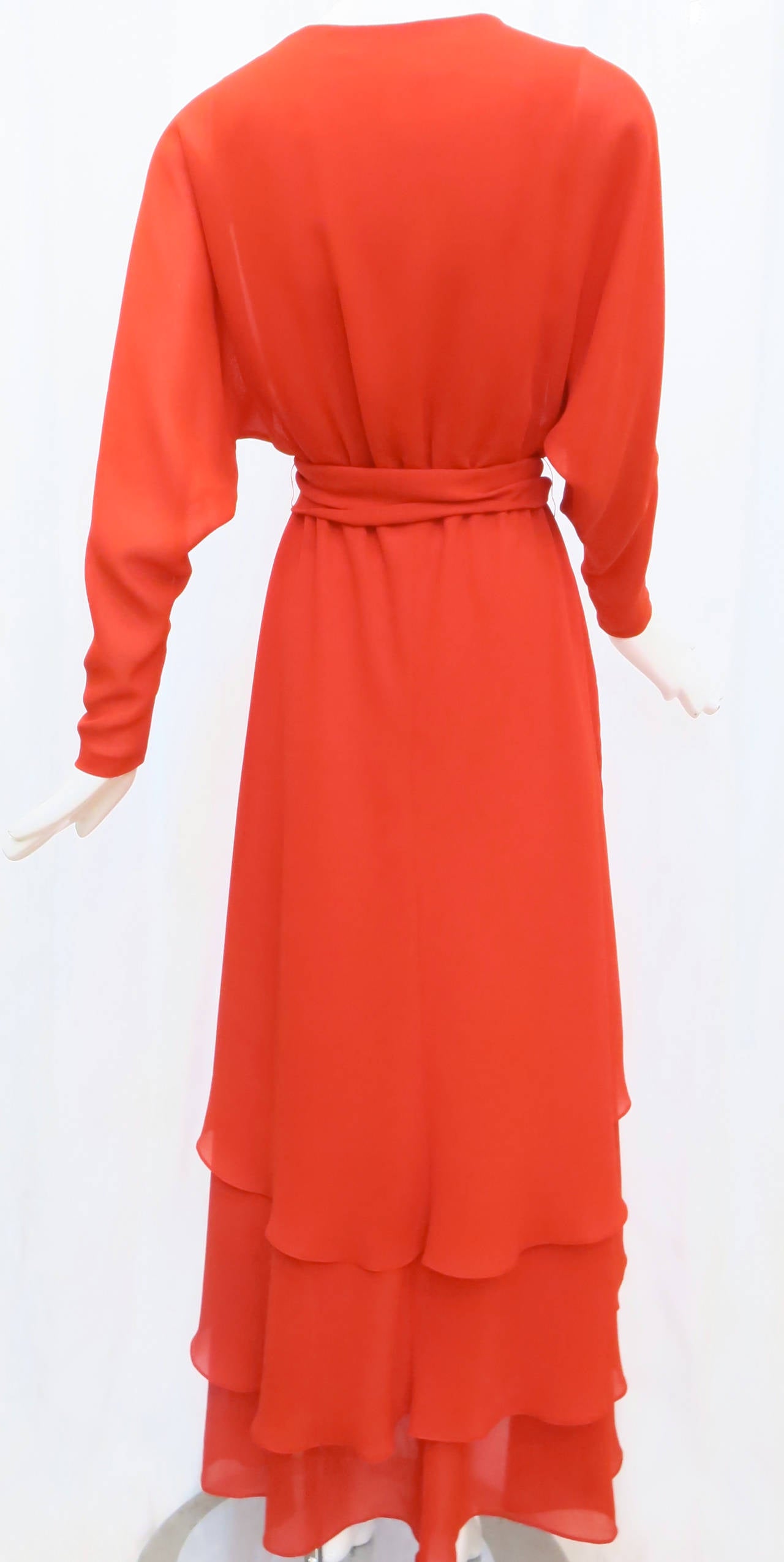 Women's 1970s Robert Courtney Fire Red Chiffon Wrap Dress
