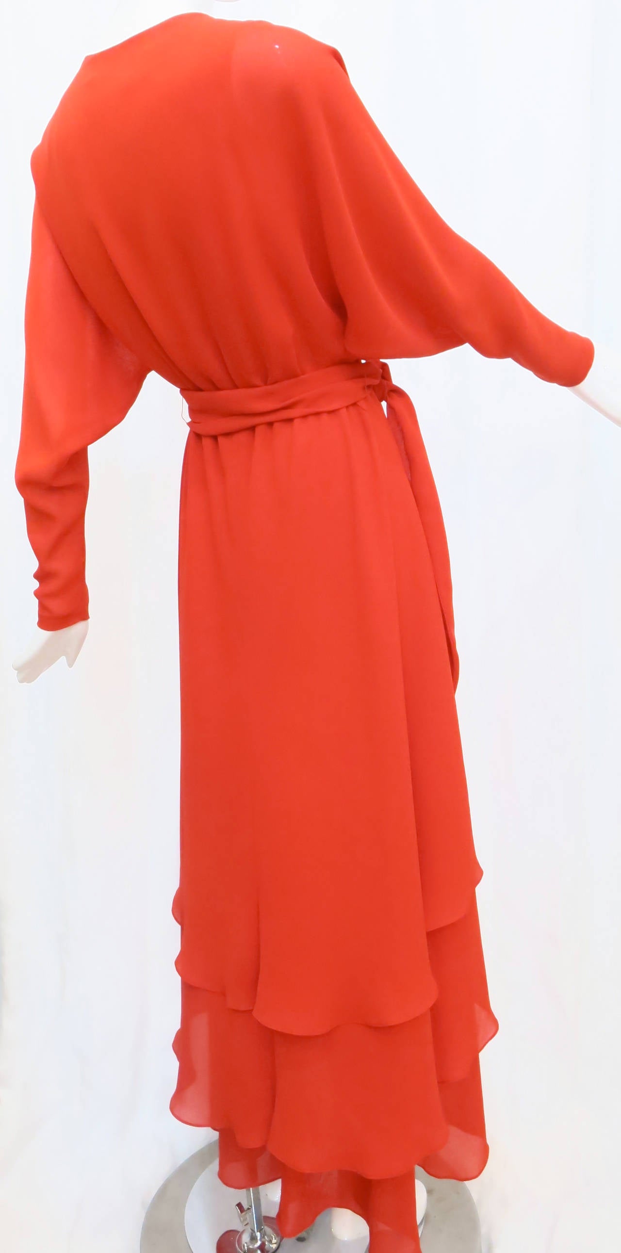 1970s Robert Courtney Fire Red Chiffon Wrap Dress In Excellent Condition In Brooklyn, NY
