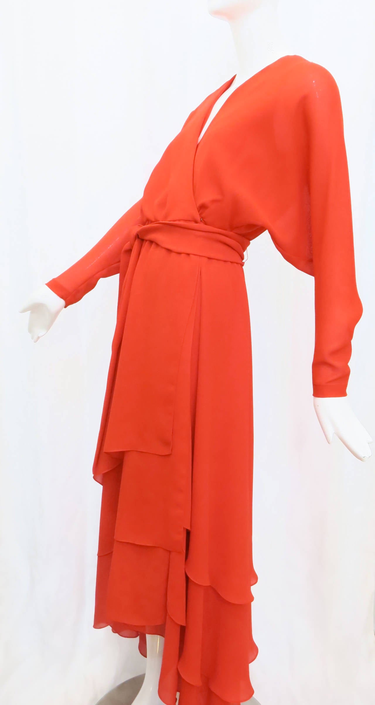 1970s Robert Courtney Fire Red Chiffon Wrap Dress 1