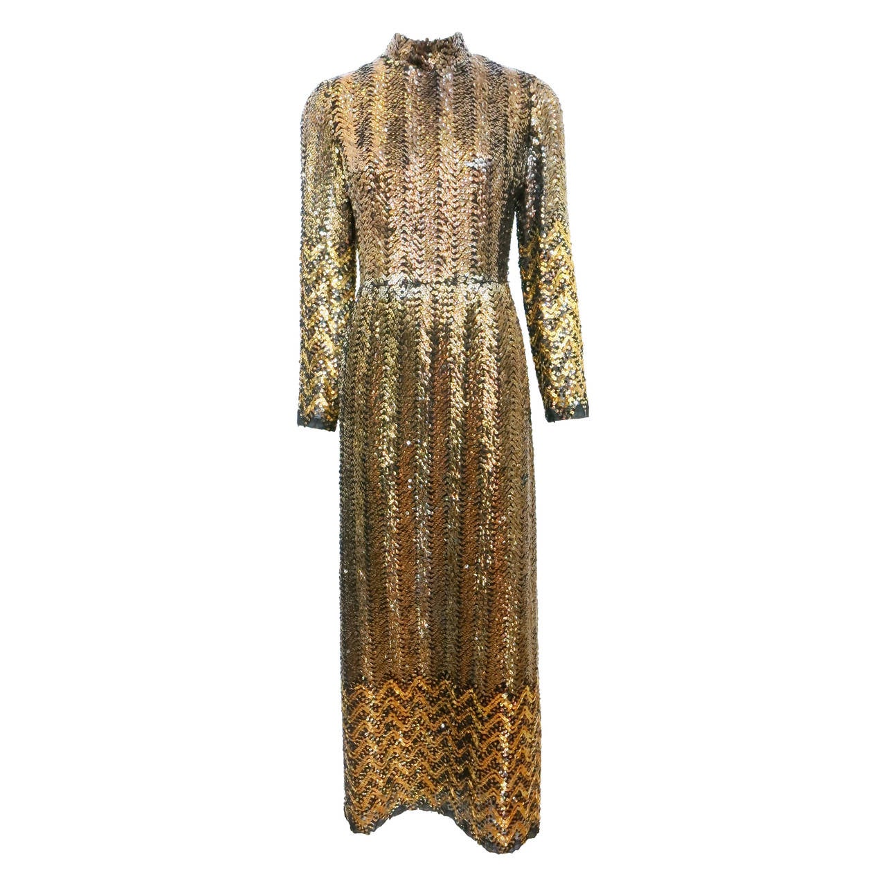 1970s Giorgio of Beverly Hills Full Length Bronze Sequin Gown