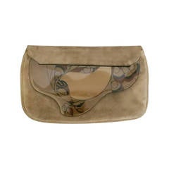 1980 Tan Leather Moon Bag w/ Hand Painted Lucite Closure