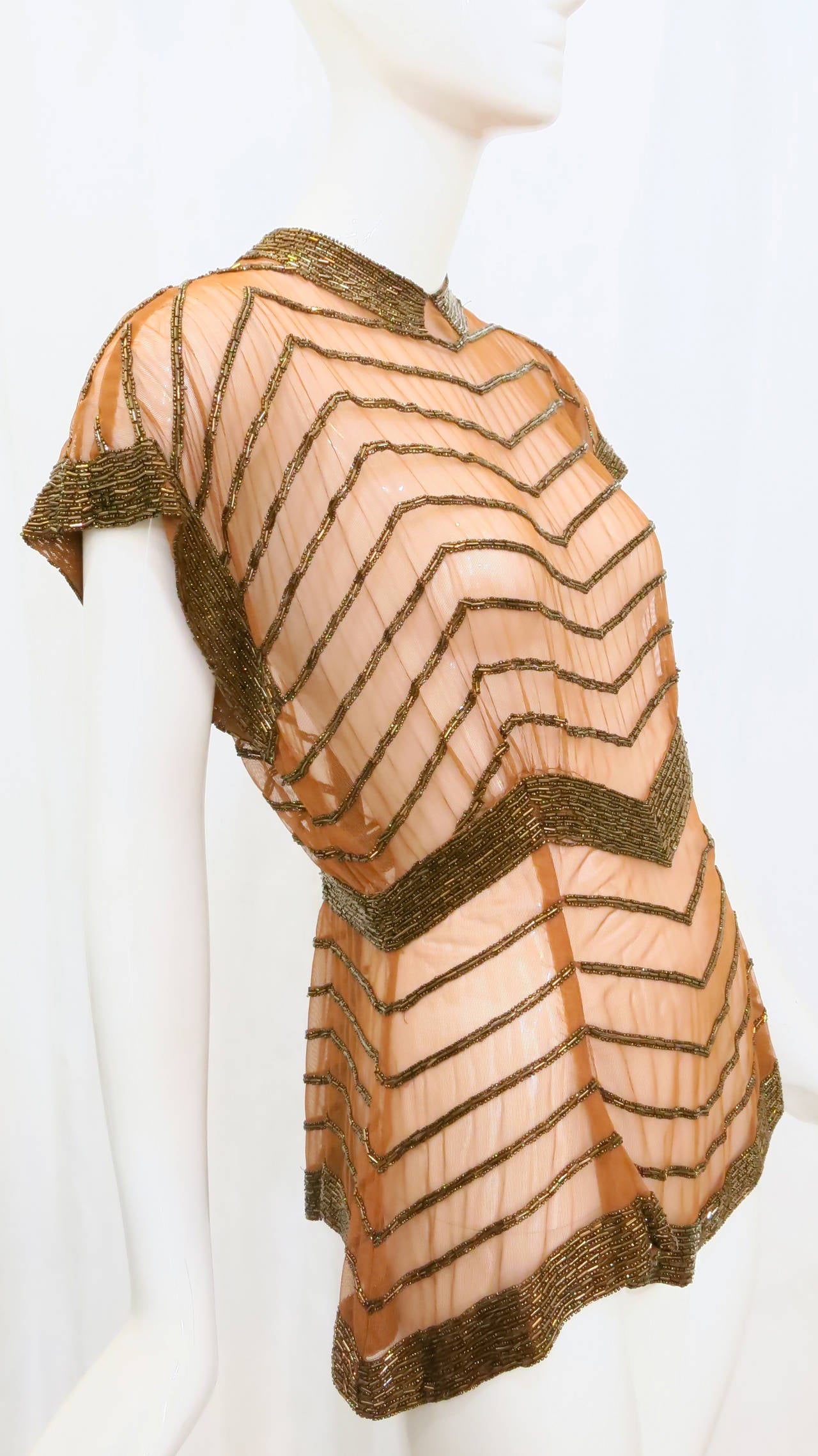 Women's 1930s Copper Mesh Beaded Top with Stylized Collar and Chevron Motif