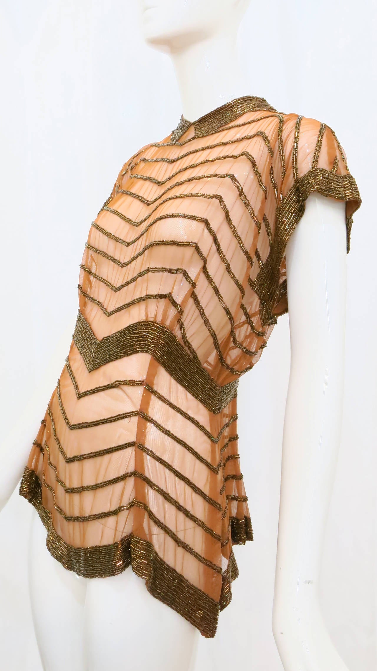 Beige 1930s Copper Mesh Beaded Top with Stylized Collar and Chevron Motif