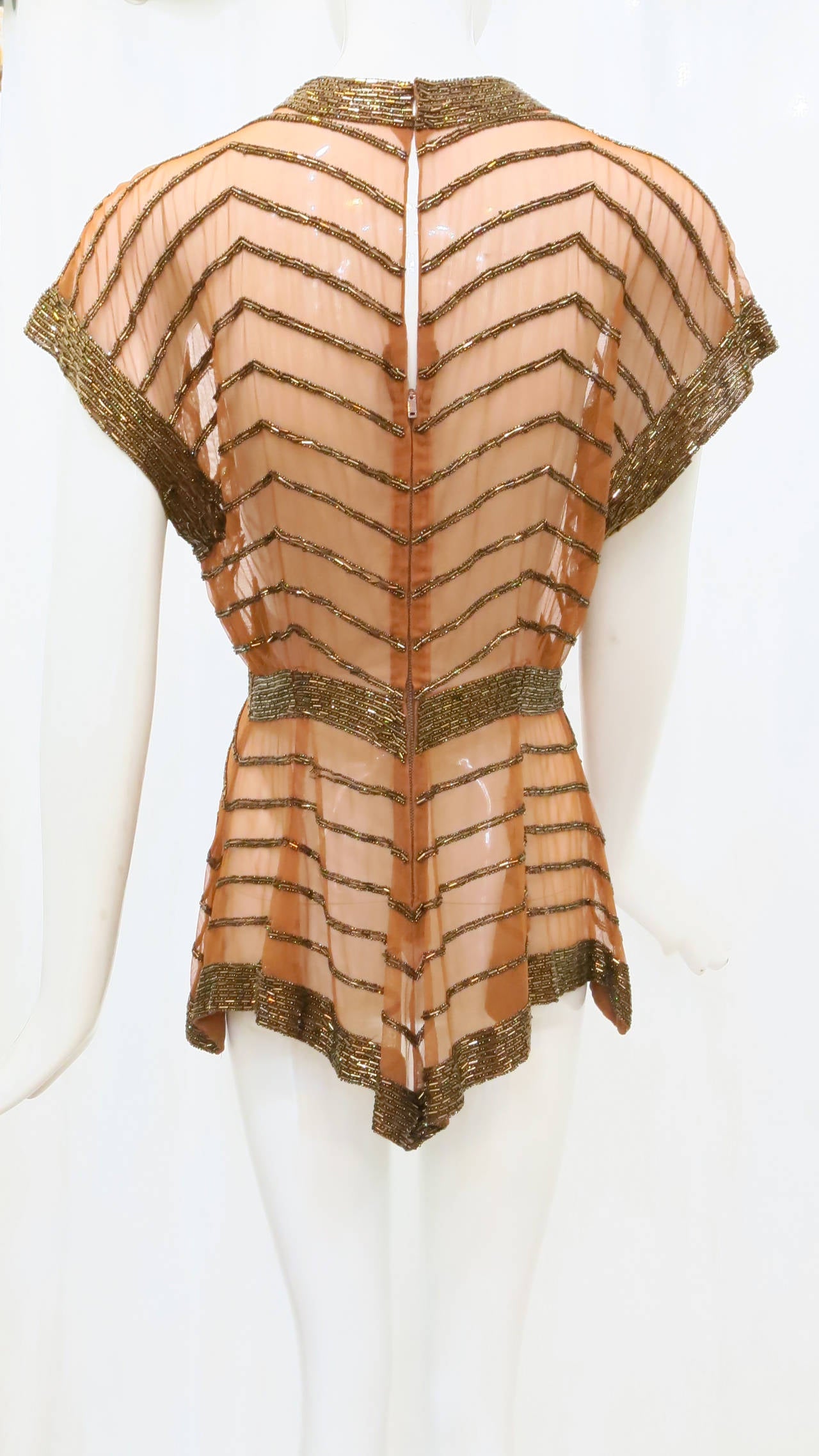 1930s Copper Mesh Beaded Top with Stylized Collar and Chevron Motif 4