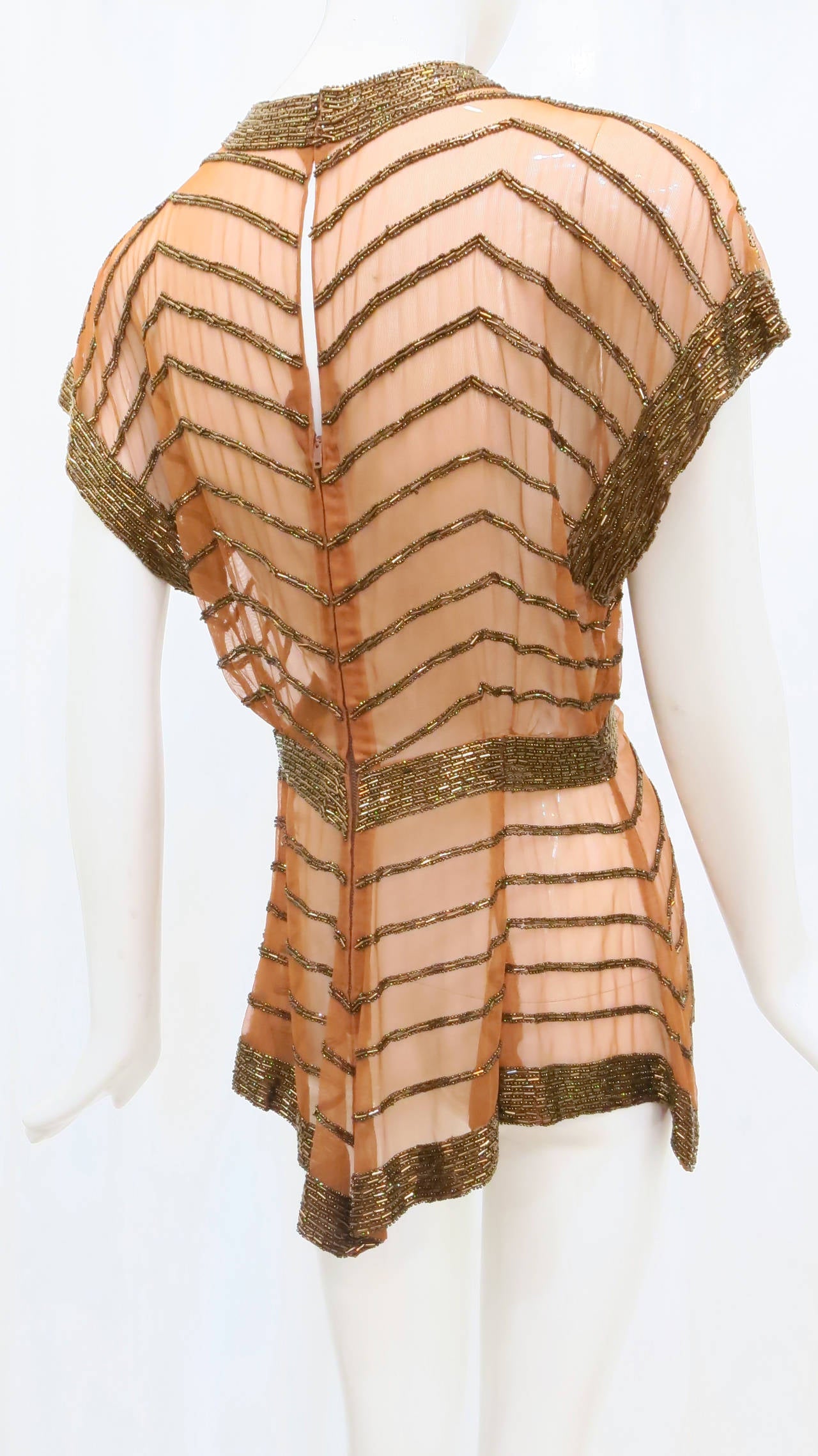 1930s Copper Mesh Beaded Top with Stylized Collar and Chevron Motif 1