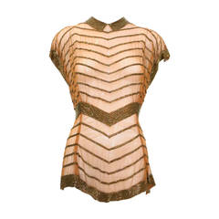 1930s Copper Mesh Beaded Top with Stylized Collar and Chevron Motif