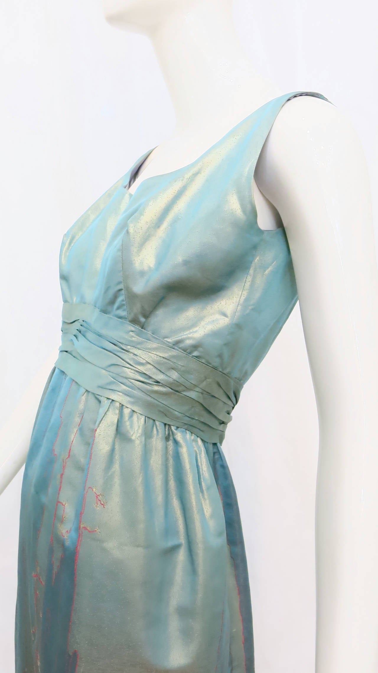 1950s Aqua Iridescent Silk Column Gown with Hot Pink Orient Motif 1