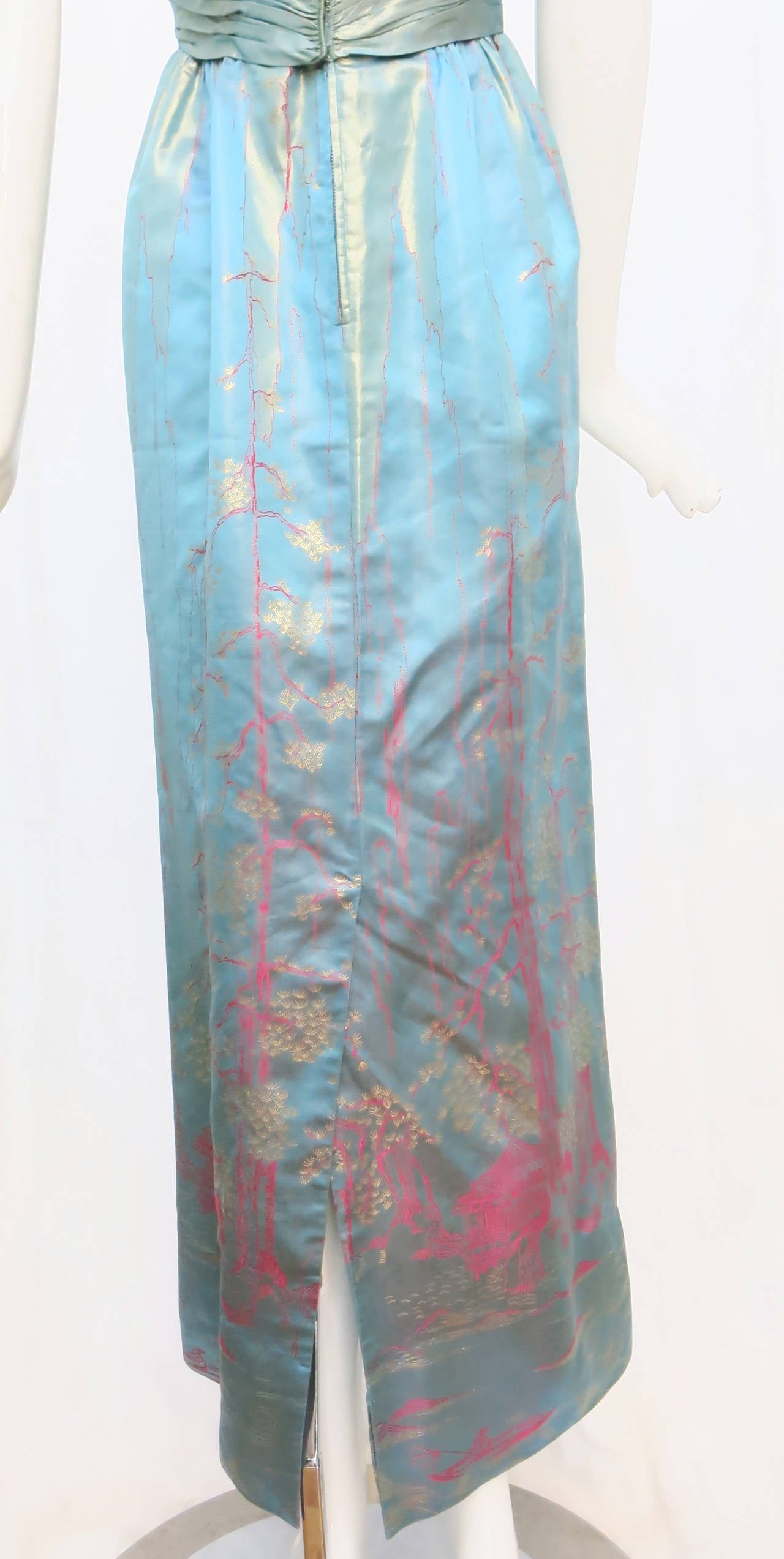 1950s Aqua Iridescent Silk Column Gown with Hot Pink Orient Motif 4