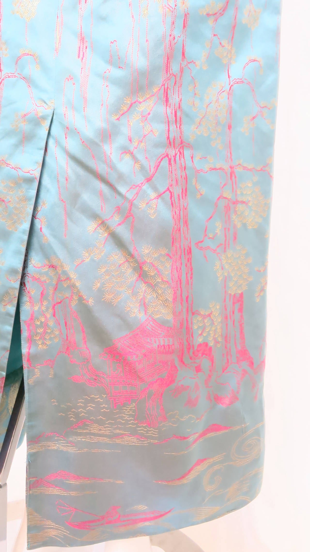 1950s Aqua Iridescent Silk Column Gown with Hot Pink Orient Motif 6