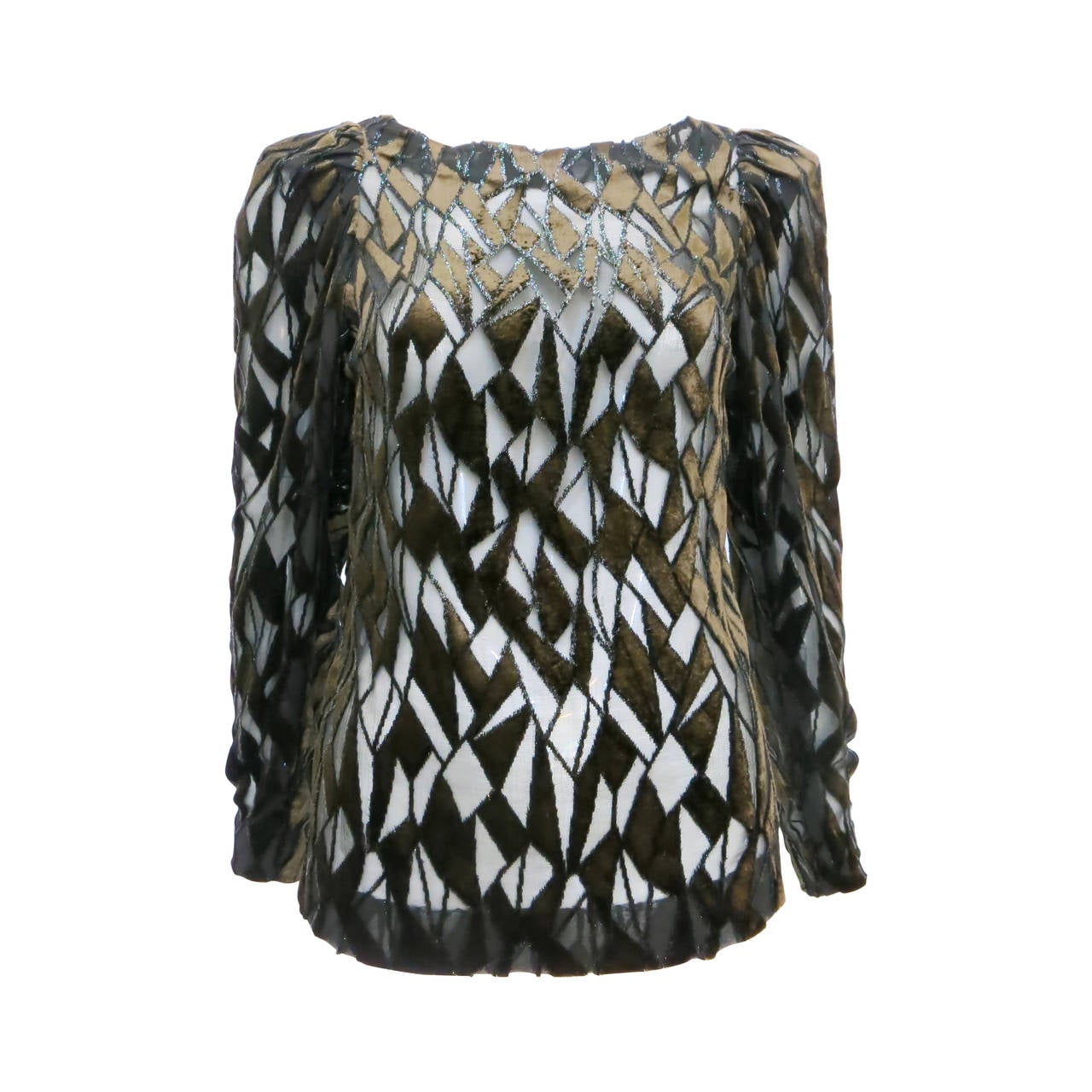 Adolfo Brown and Black Velvet Sheer Blouse