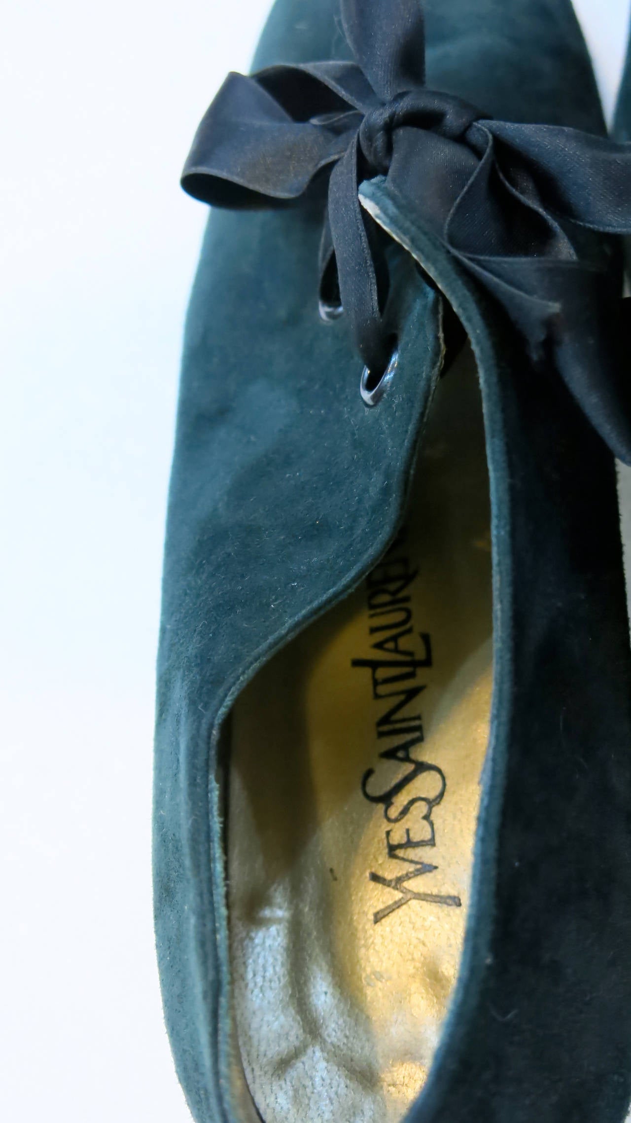 Yves Saint Laurent Forest Green Suede Heels with Ribbon Lacing 3