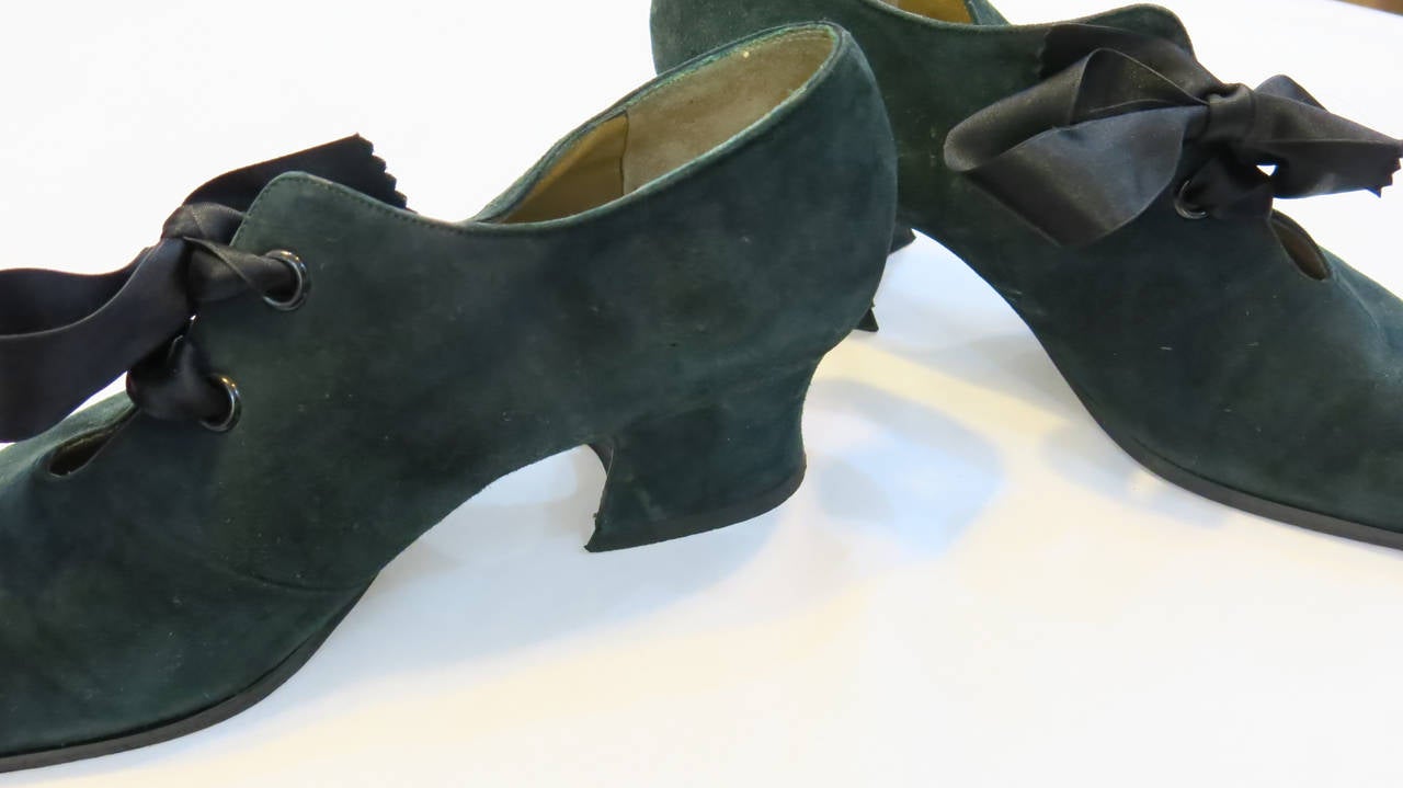 Yves Saint Laurent Forest Green Suede Heels with Ribbon Lacing 2