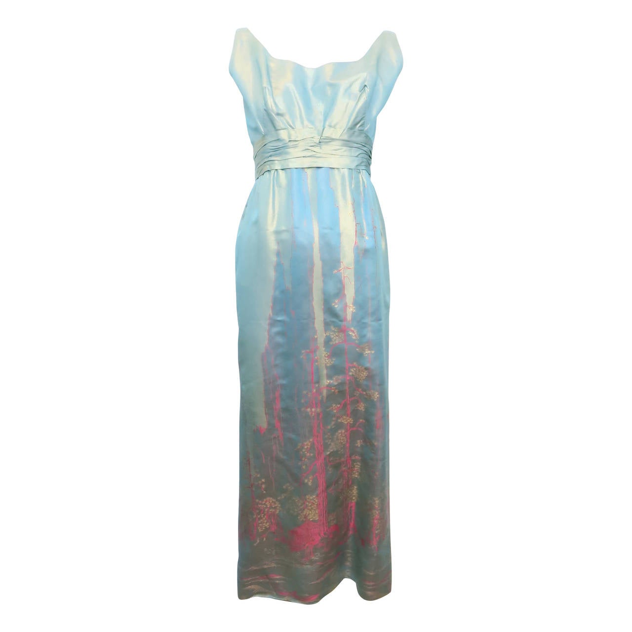 1950s Aqua Iridescent Silk Column Gown with Hot Pink Orient Motif