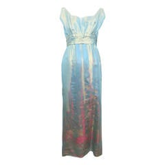 Vintage 1950s Aqua Iridescent Silk Column Gown with Hot Pink Orient Motif