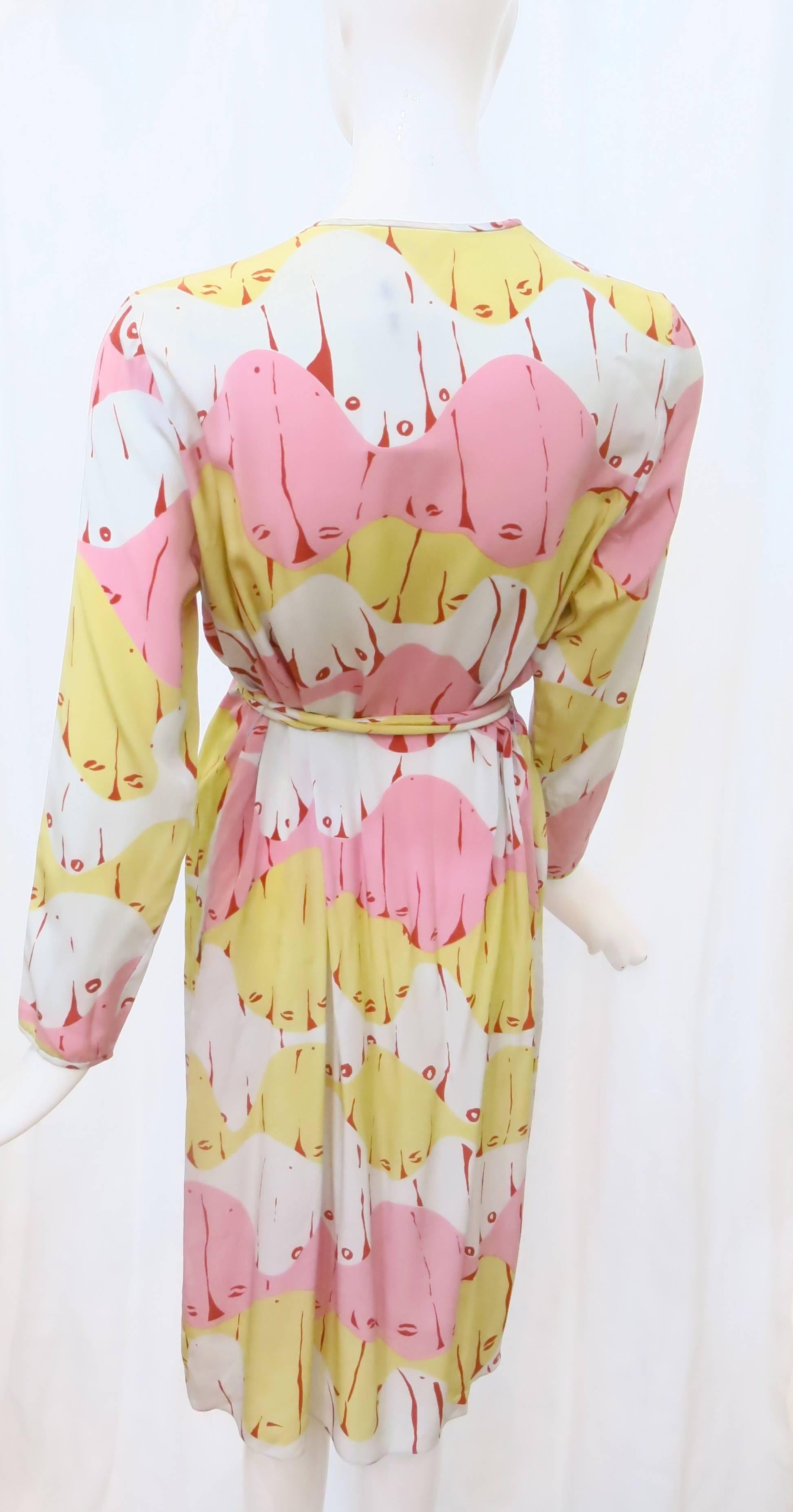 Beige 1980s Mary McFadden Abstract Silk Wrap Dress