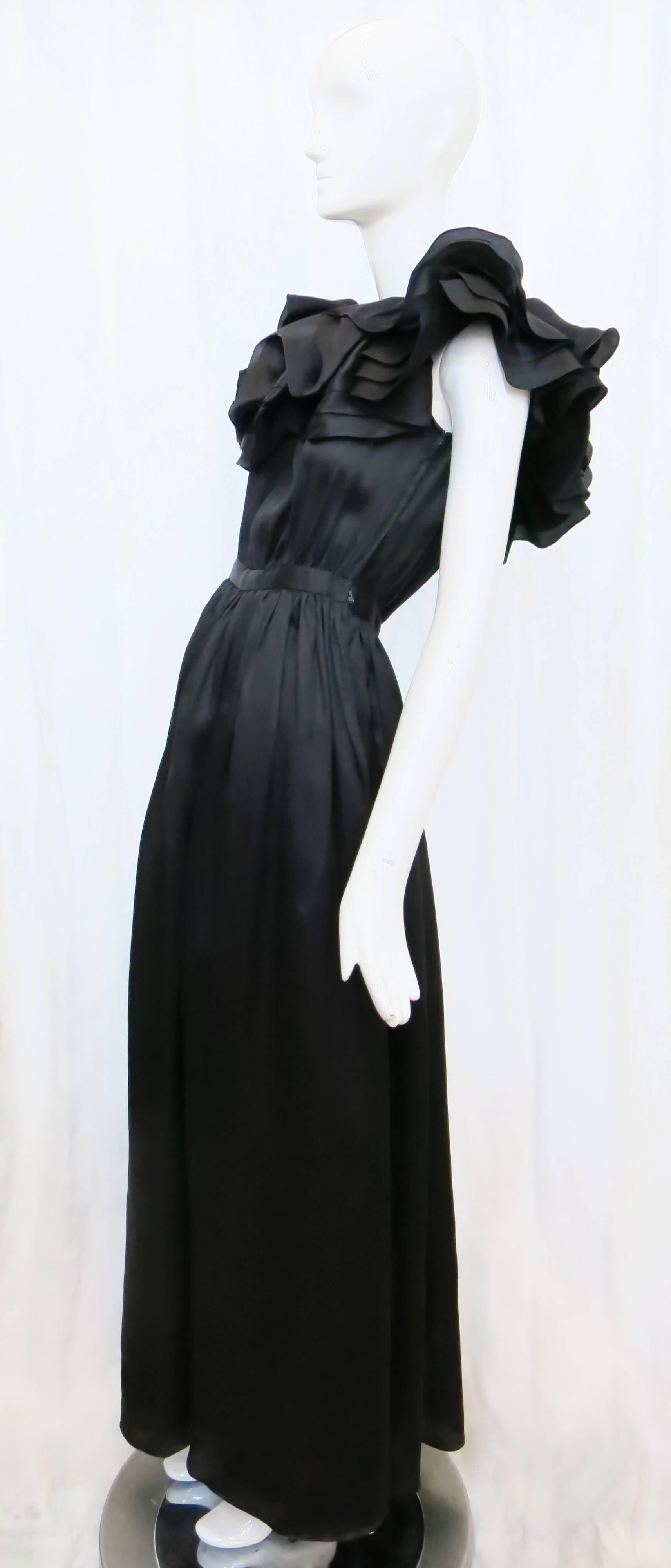 1970s Halston Black Ruffle Evening Gown For Sale 2