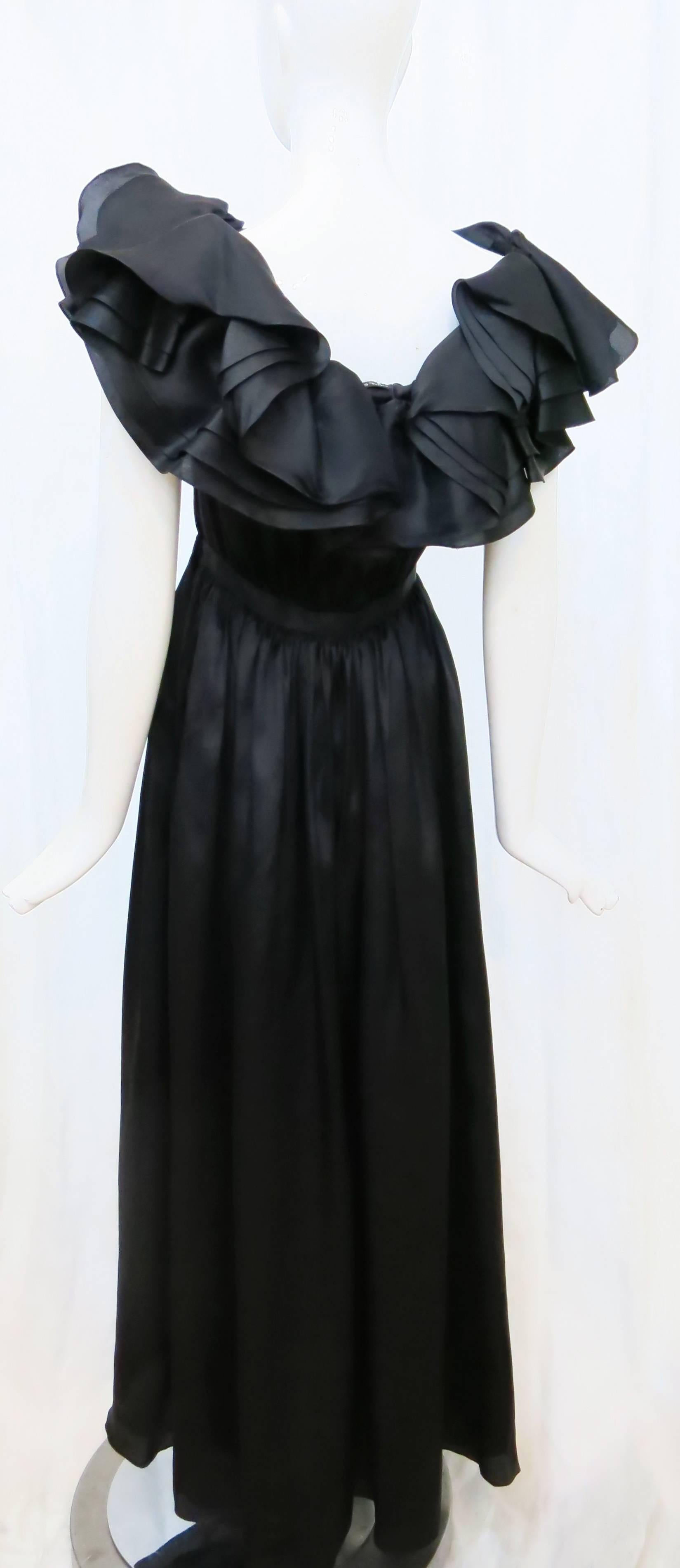 1970s Halston Black Ruffle Evening Gown For Sale 1
