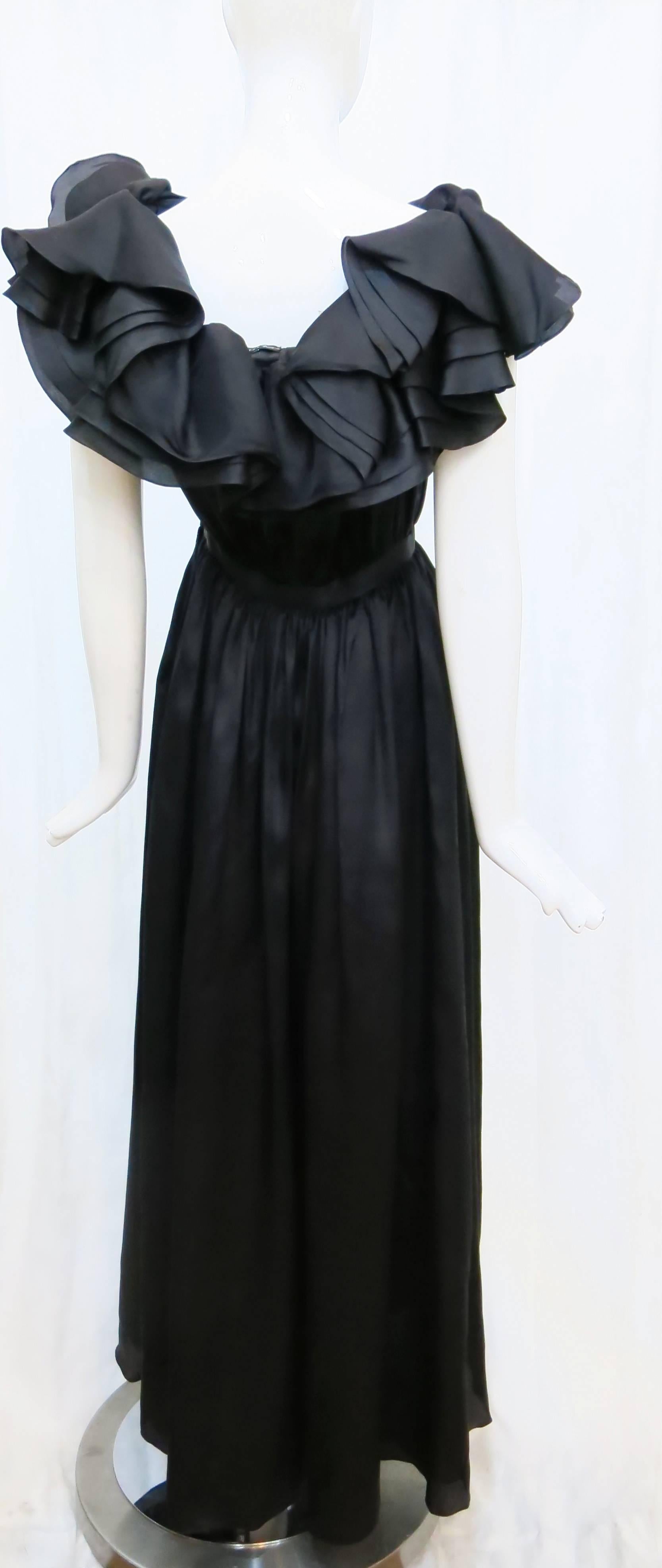 Women's 1970s Halston Black Ruffle Evening Gown For Sale