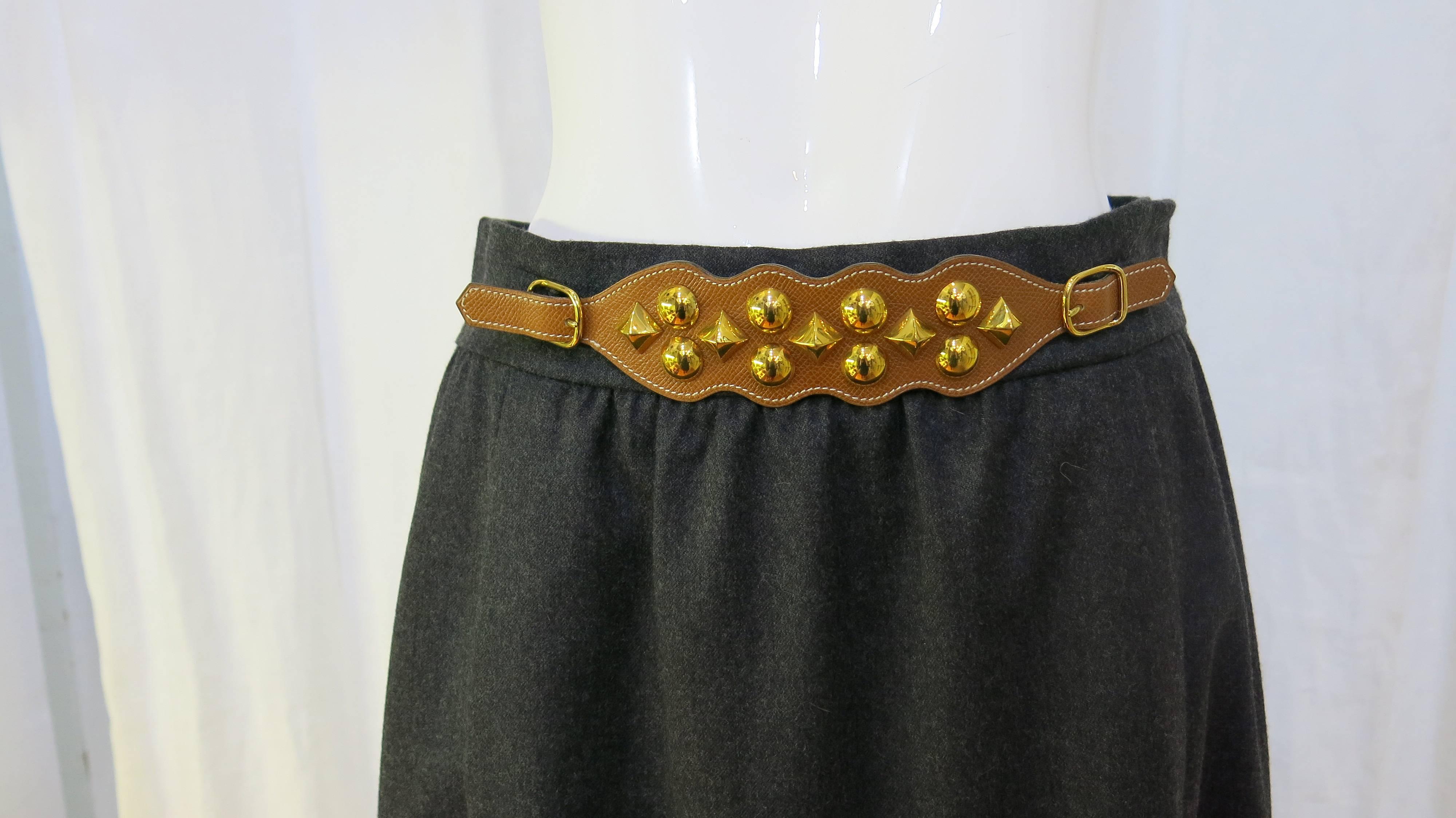 Black Late 1970's Hermès Gray A-Line Skirt With Belt Detail 