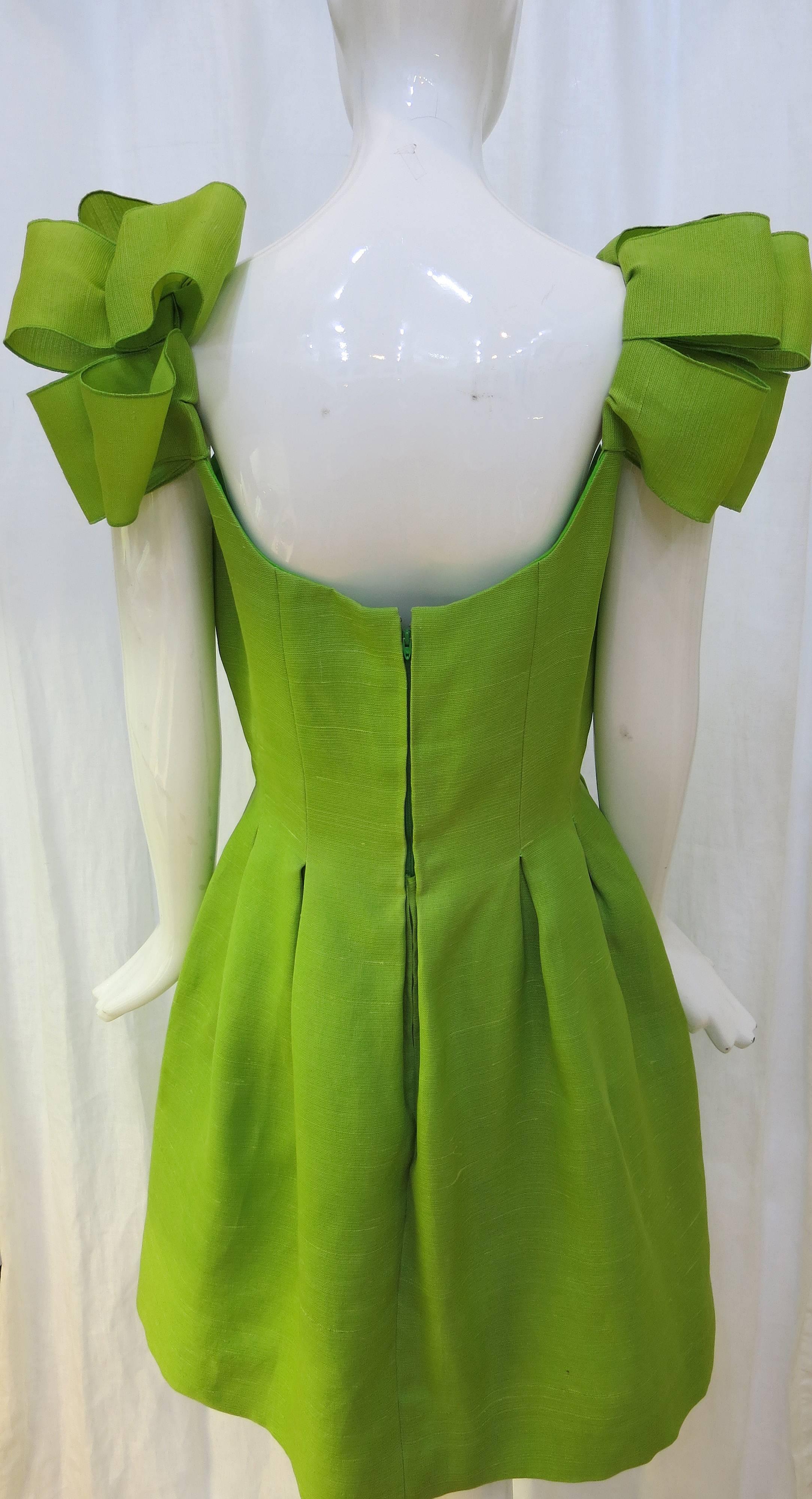 Women's 1970's Richilene Lime Green Raw Silk Dress With Looped Shoulders 