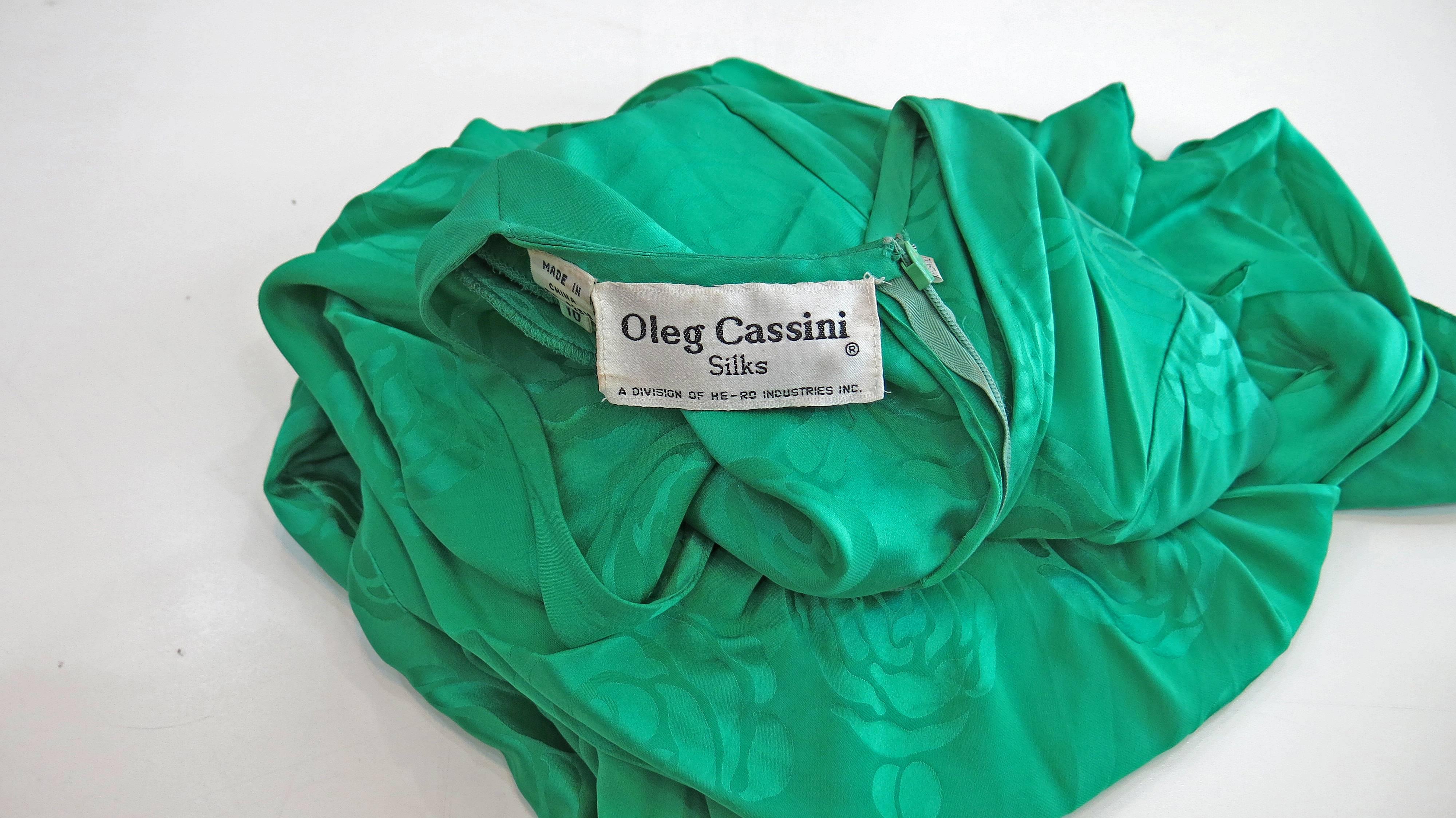 Women's 1980's Oleg Cassini Green Silk Rose Sheath Dress 