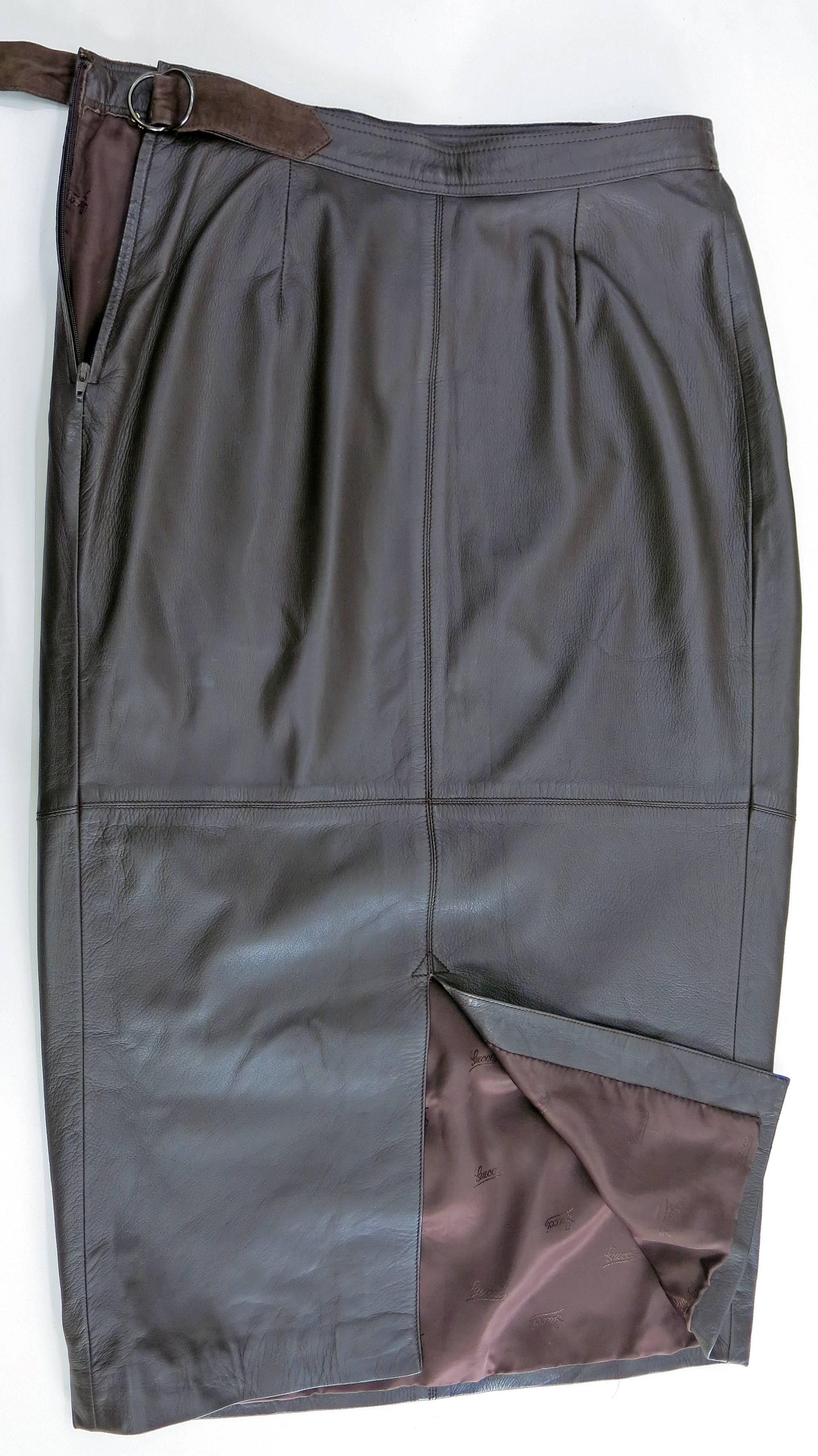 1980s Gucci Knee Length Brown Leather Adjustable Skirt For Sale 4