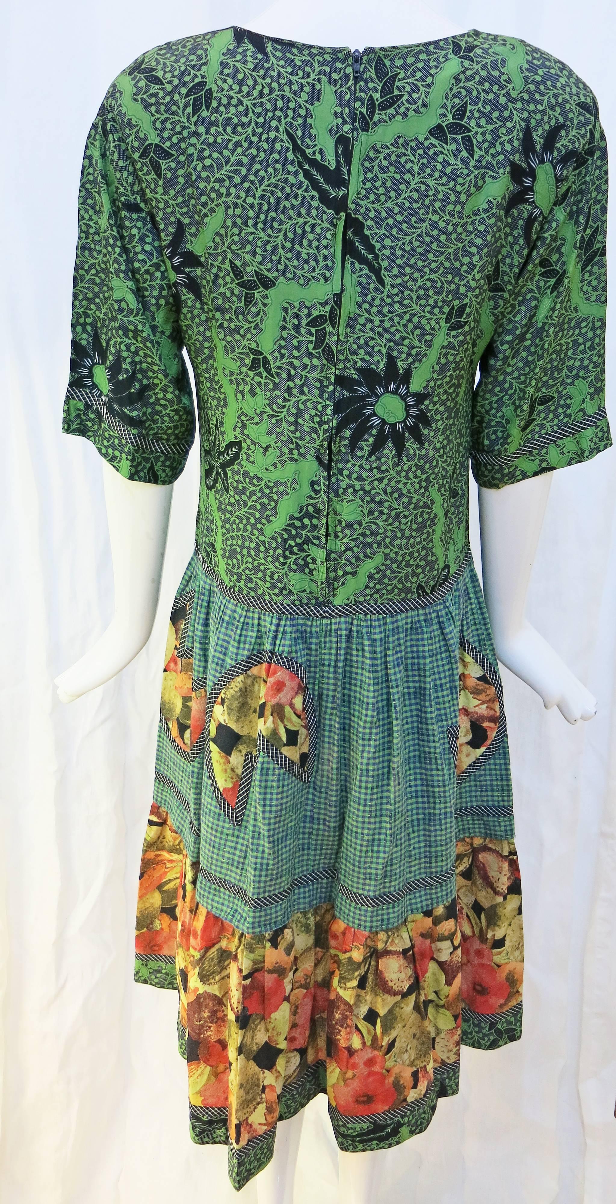 Black 1980's Koos Van den Akker Green Gingham/Floral Western Style Dress