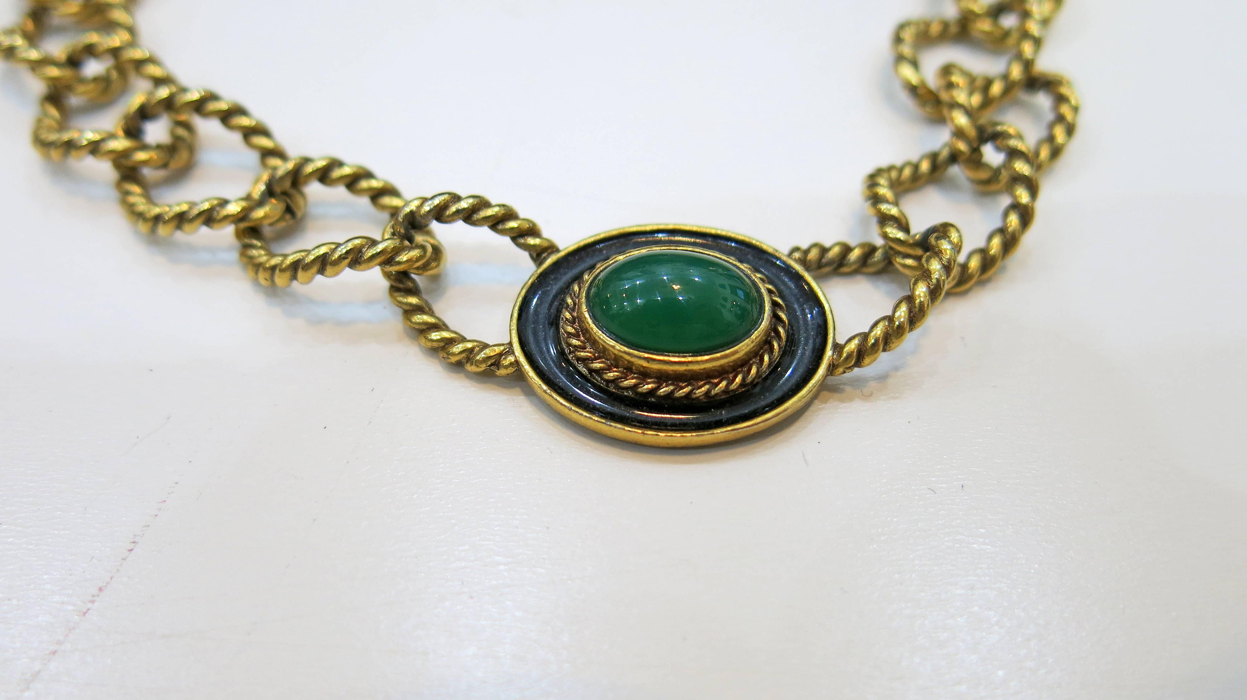 Contemporary Yves St. Laurent YSL Braided Green Cabochon Chain necklace For Sale