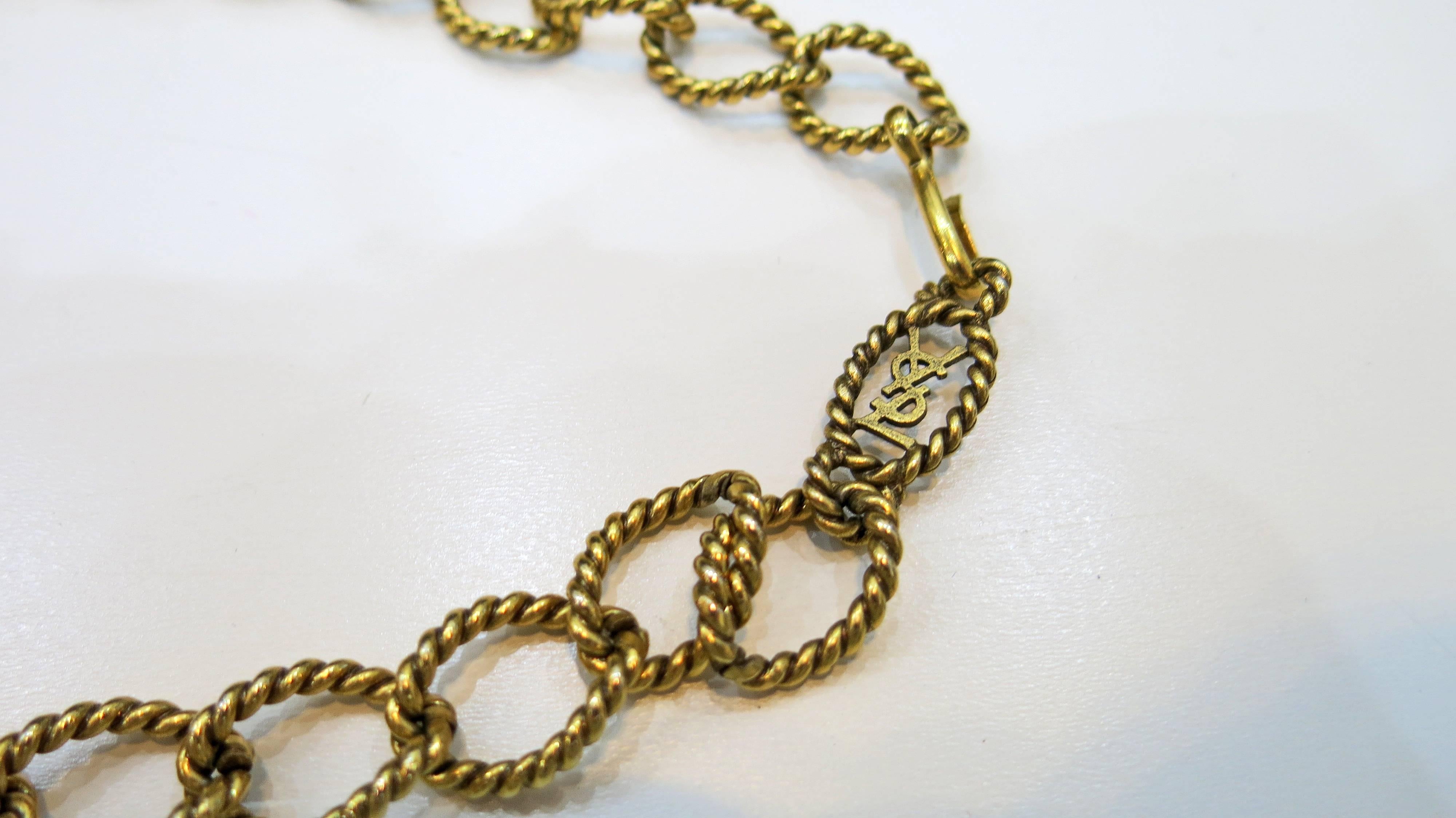 Yves St. Laurent YSL Braided Green Cabochon Chain necklace In Excellent Condition For Sale In Brooklyn, NY