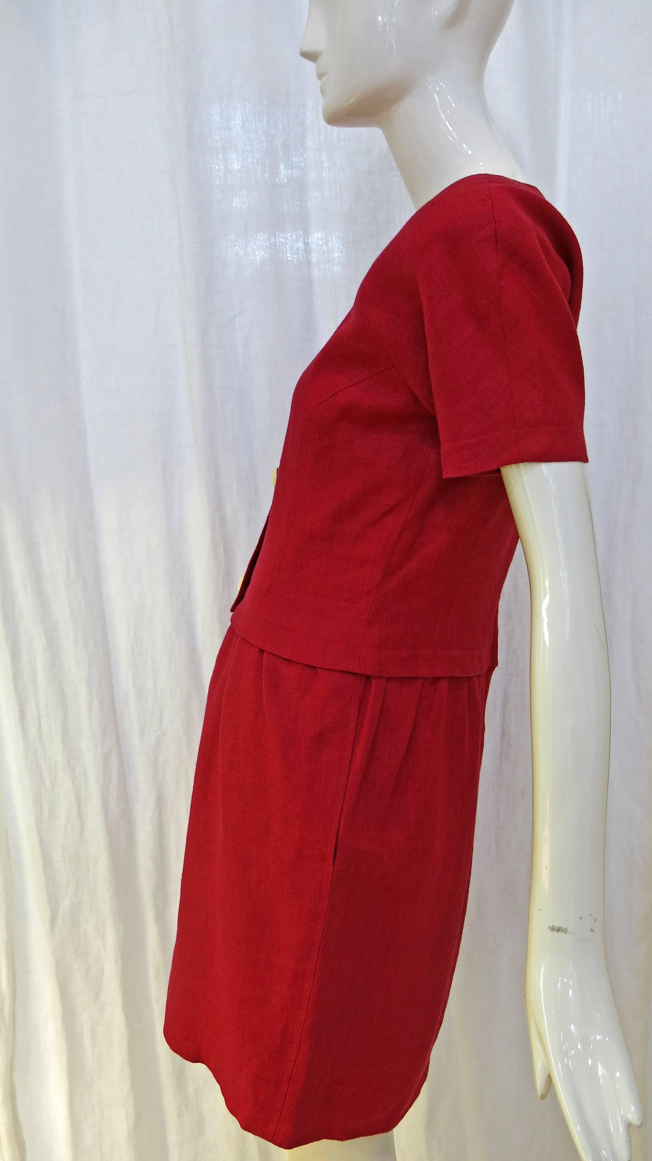 1980s Oscar de la Renta Magenta Linen Dress In Excellent Condition In Brooklyn, NY