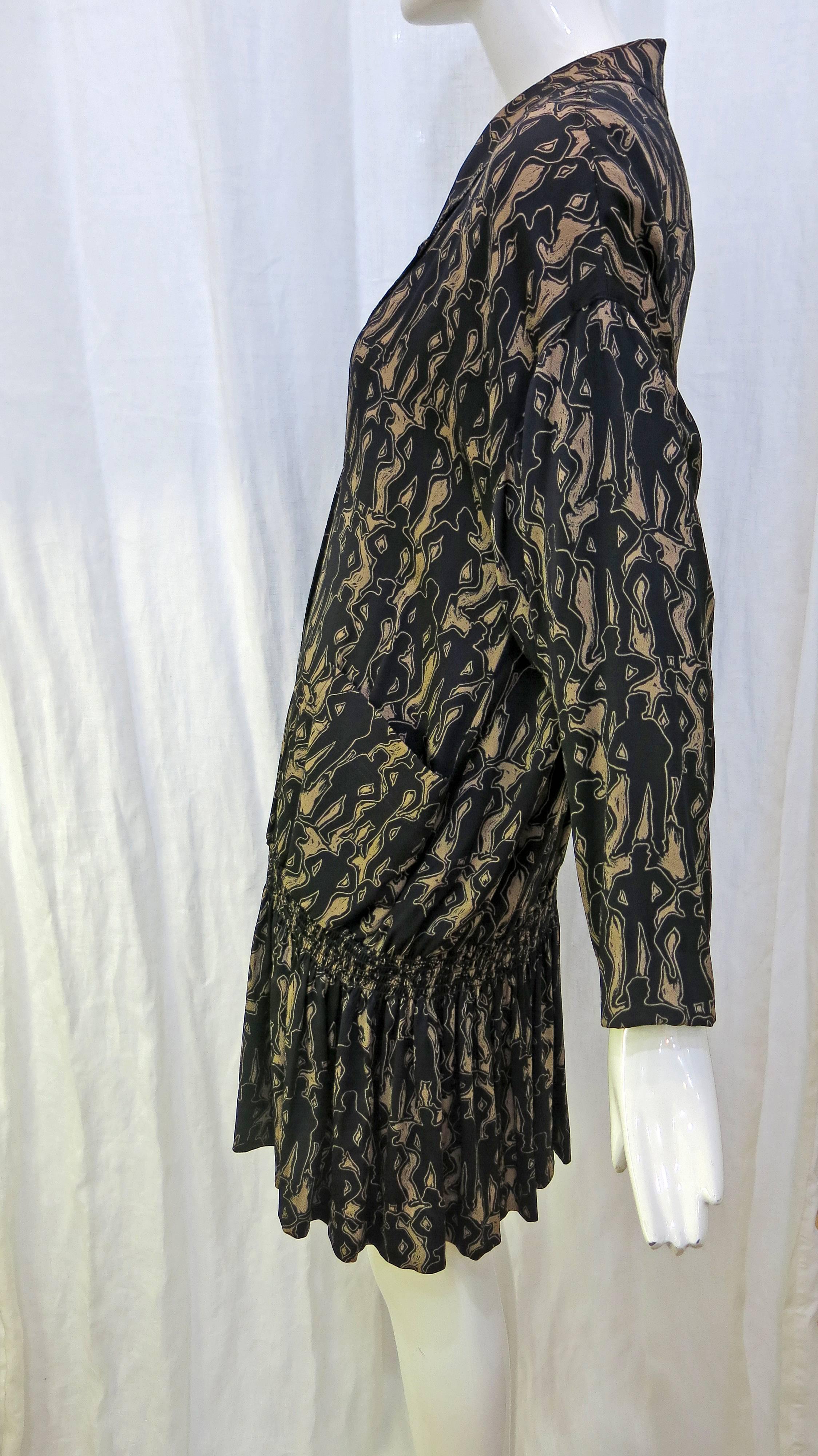 1980's Nicole Miller Black and Tan Button Down Silk Tunic/Mini Dress 1