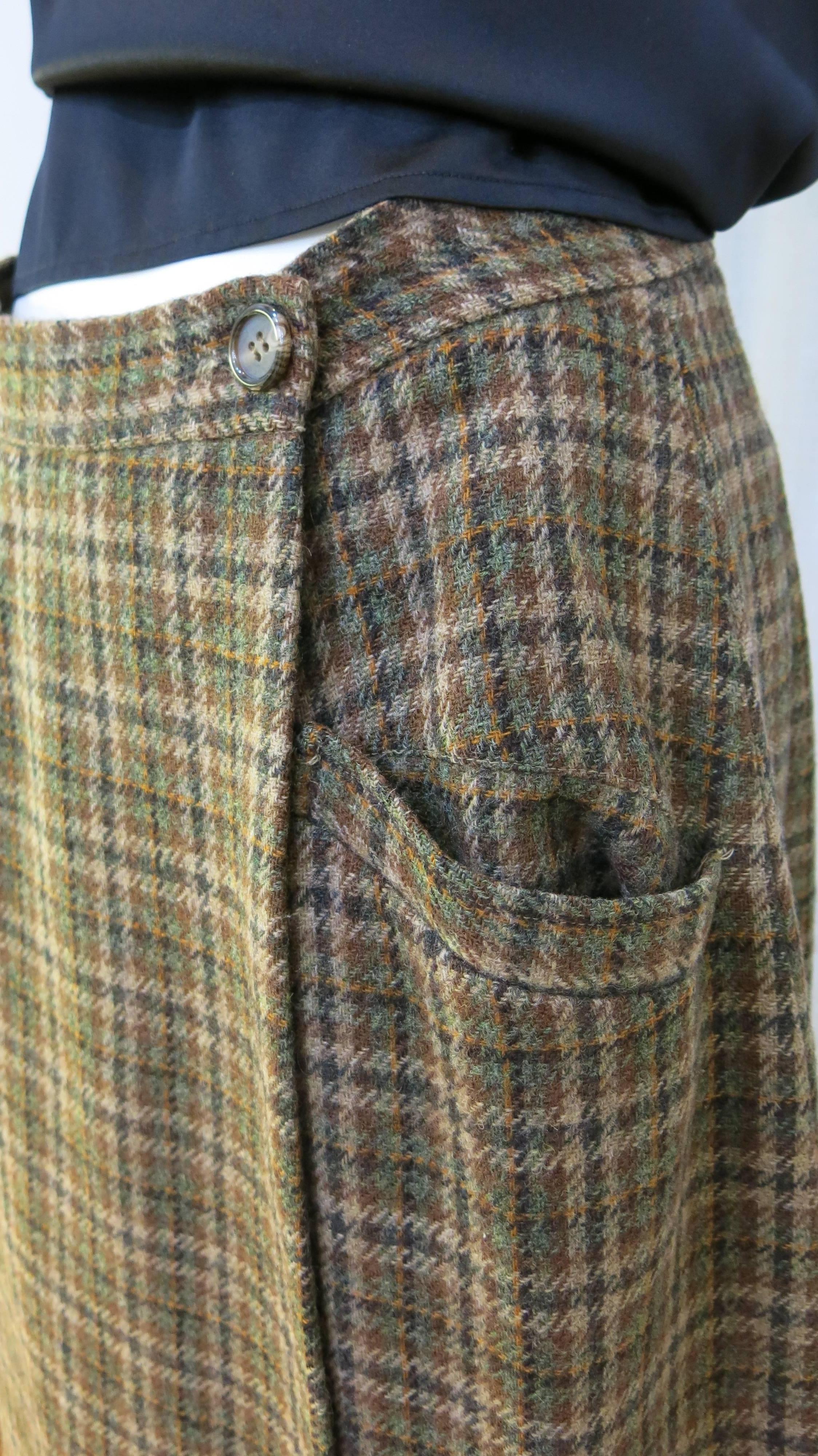 1980s Calvin Klein Brown Plaid Wool Wrap Skirt For Sale 1