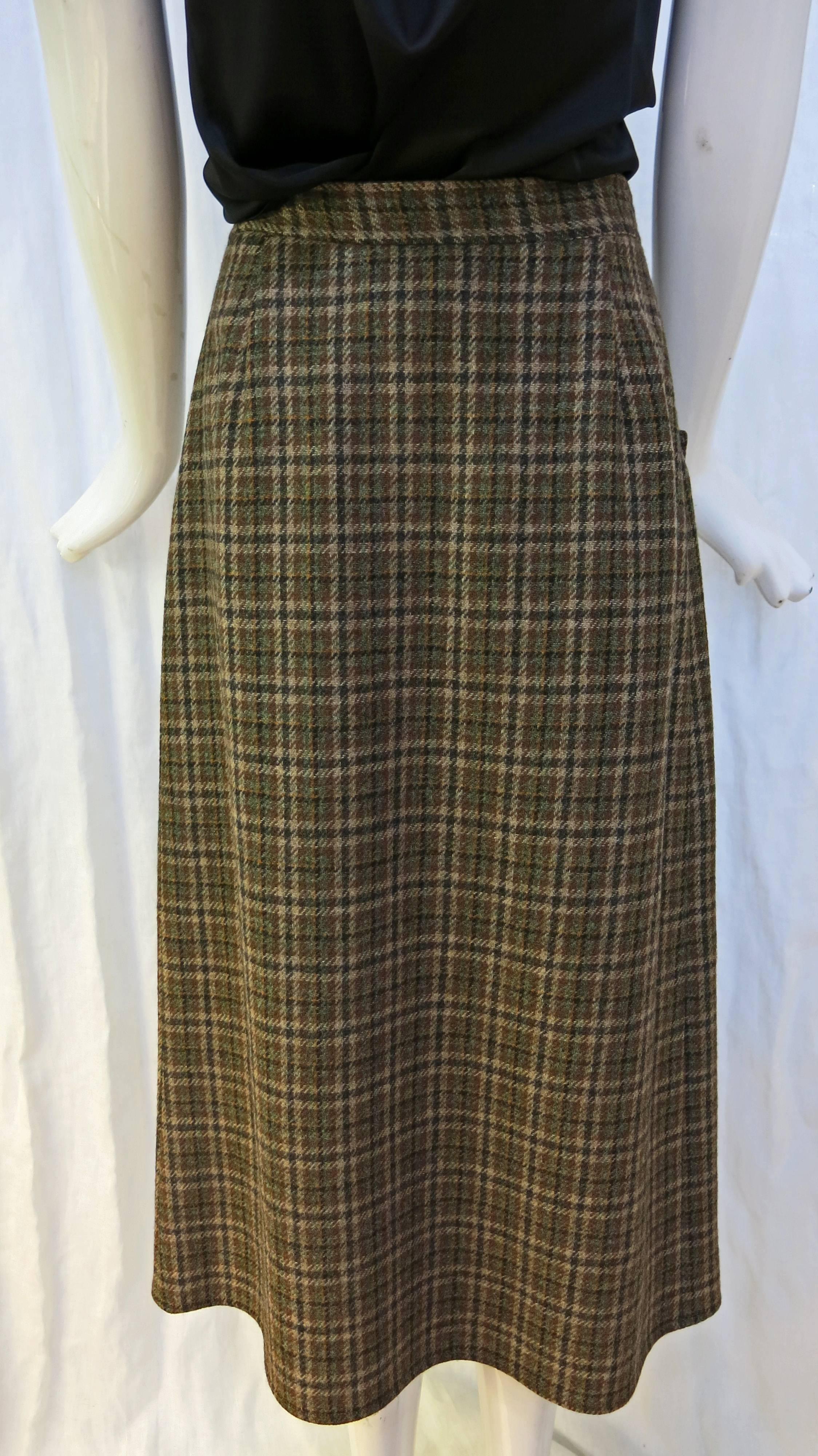 1980s Calvin Klein Brown Plaid Wool Wrap Skirt For Sale 3