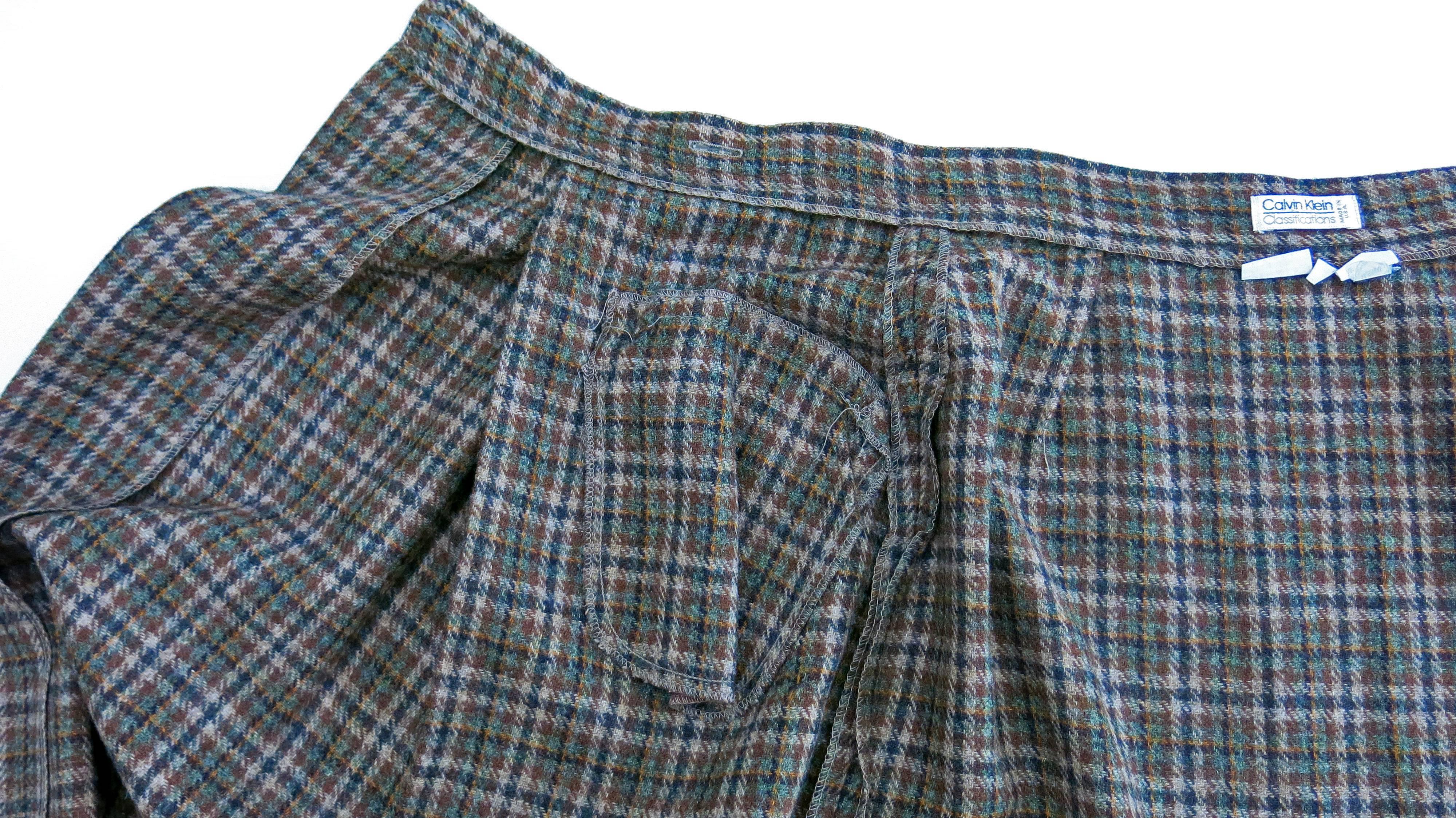 1980s Calvin Klein Brown Plaid Wool Wrap Skirt For Sale 4