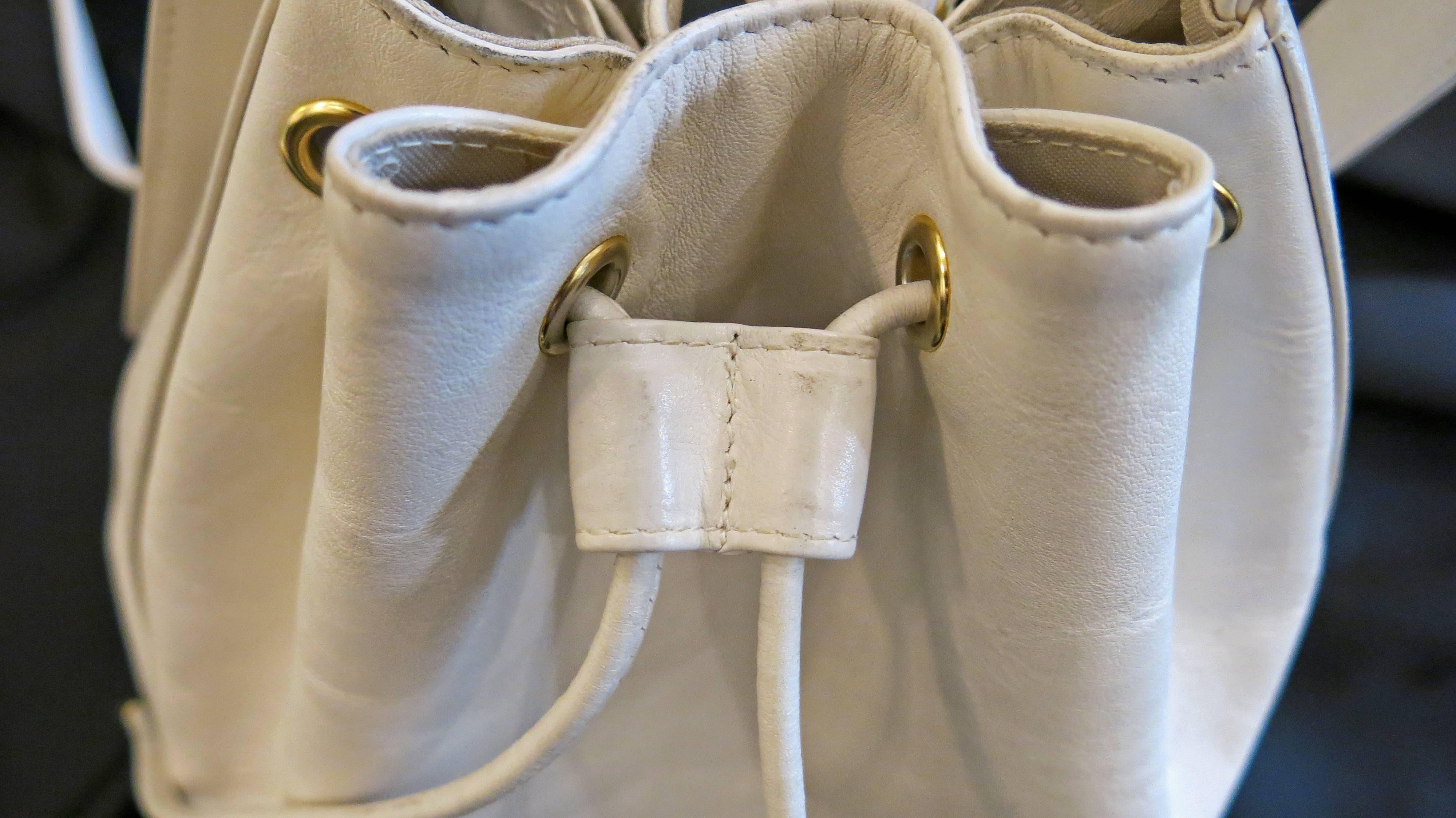 1990s Paloma Picasso White Leather Bucket Bag 3