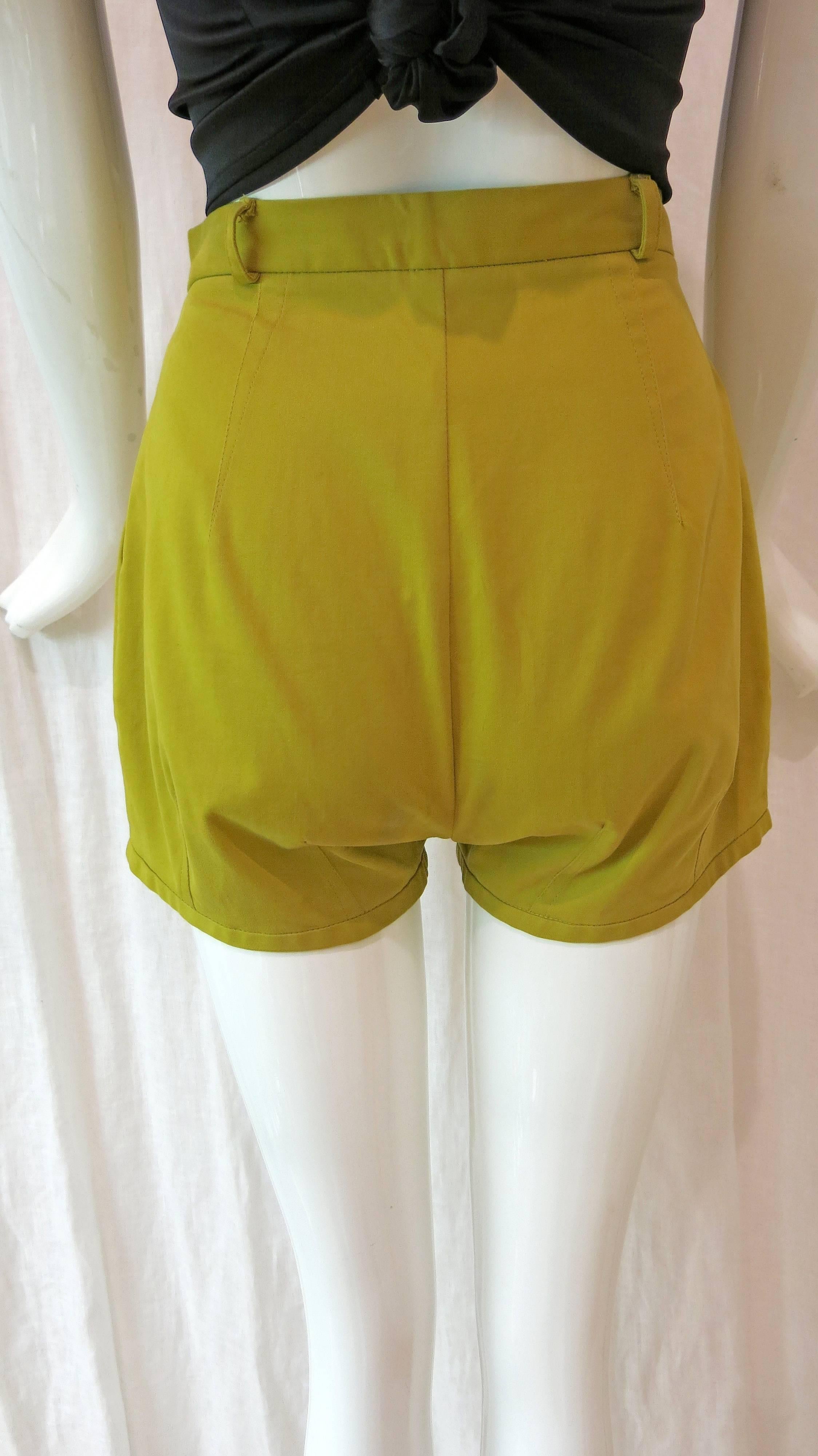 Brown Chartreuse Cotton Twill Mini Shorts For Sale