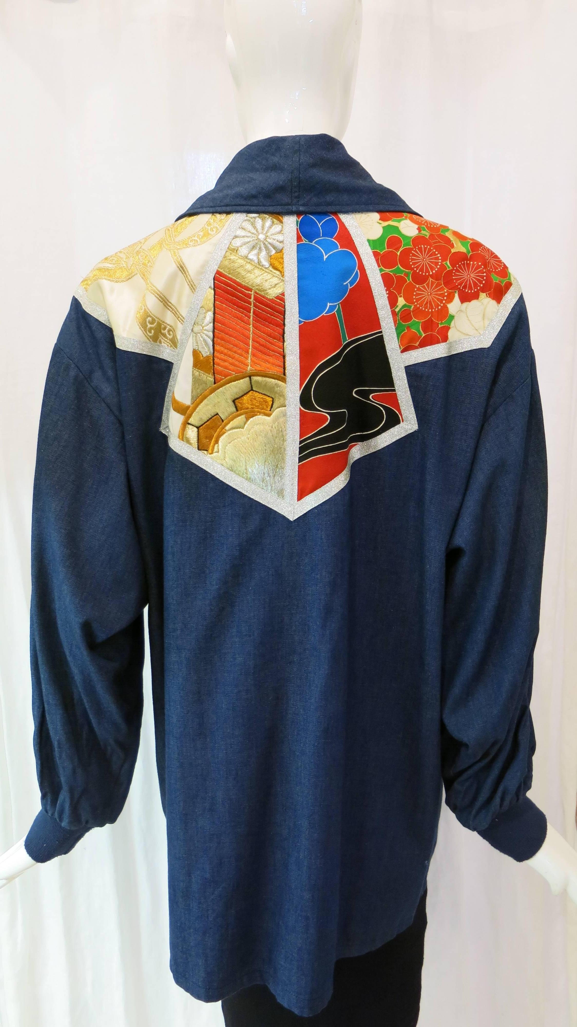 Black 1990s Sachi Japanese Textile Denim Jacket For Sale