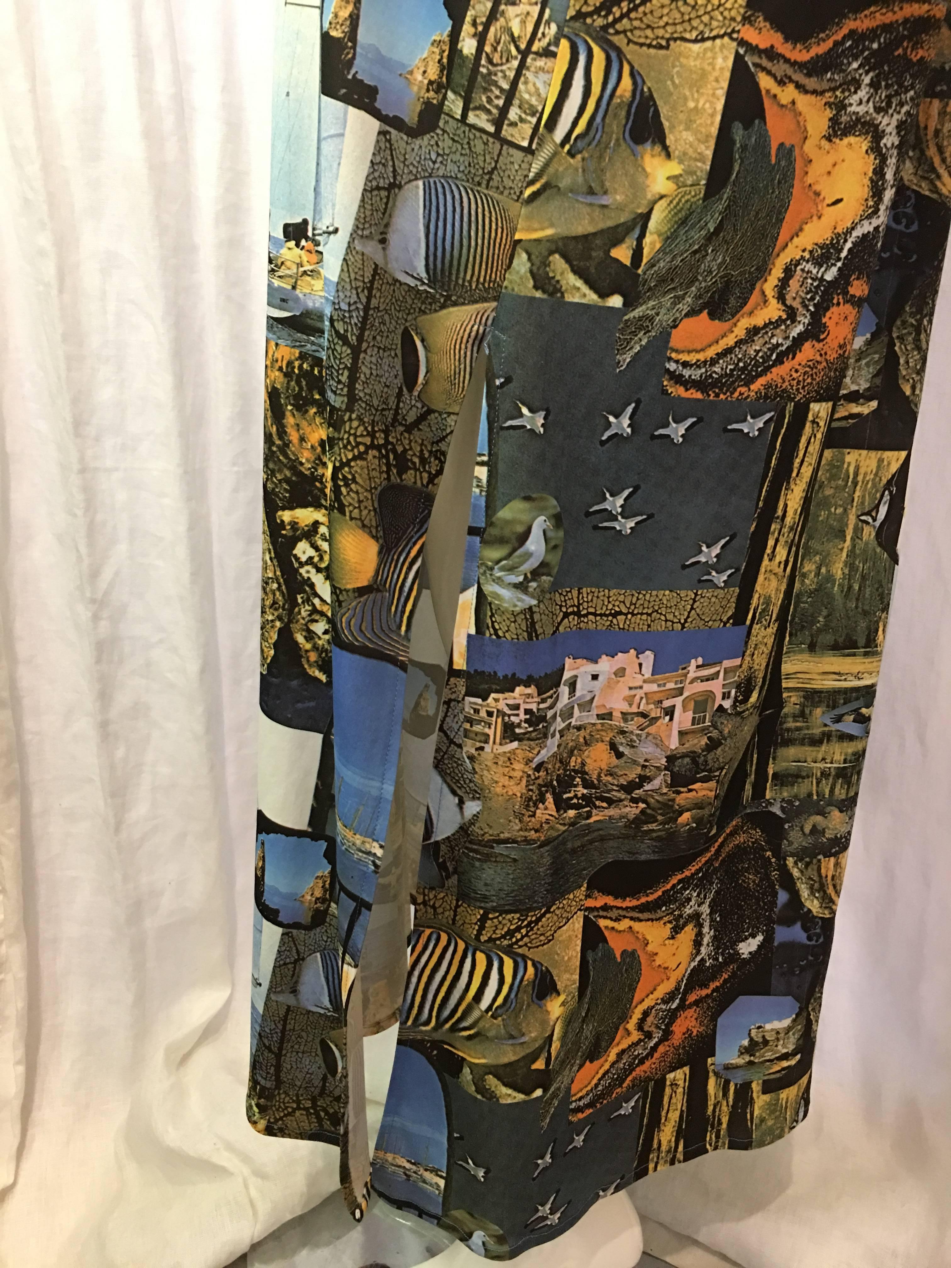 1970s Tropical Aquatic Hooded Full Length Caftan  In Excellent Condition In Brooklyn, NY